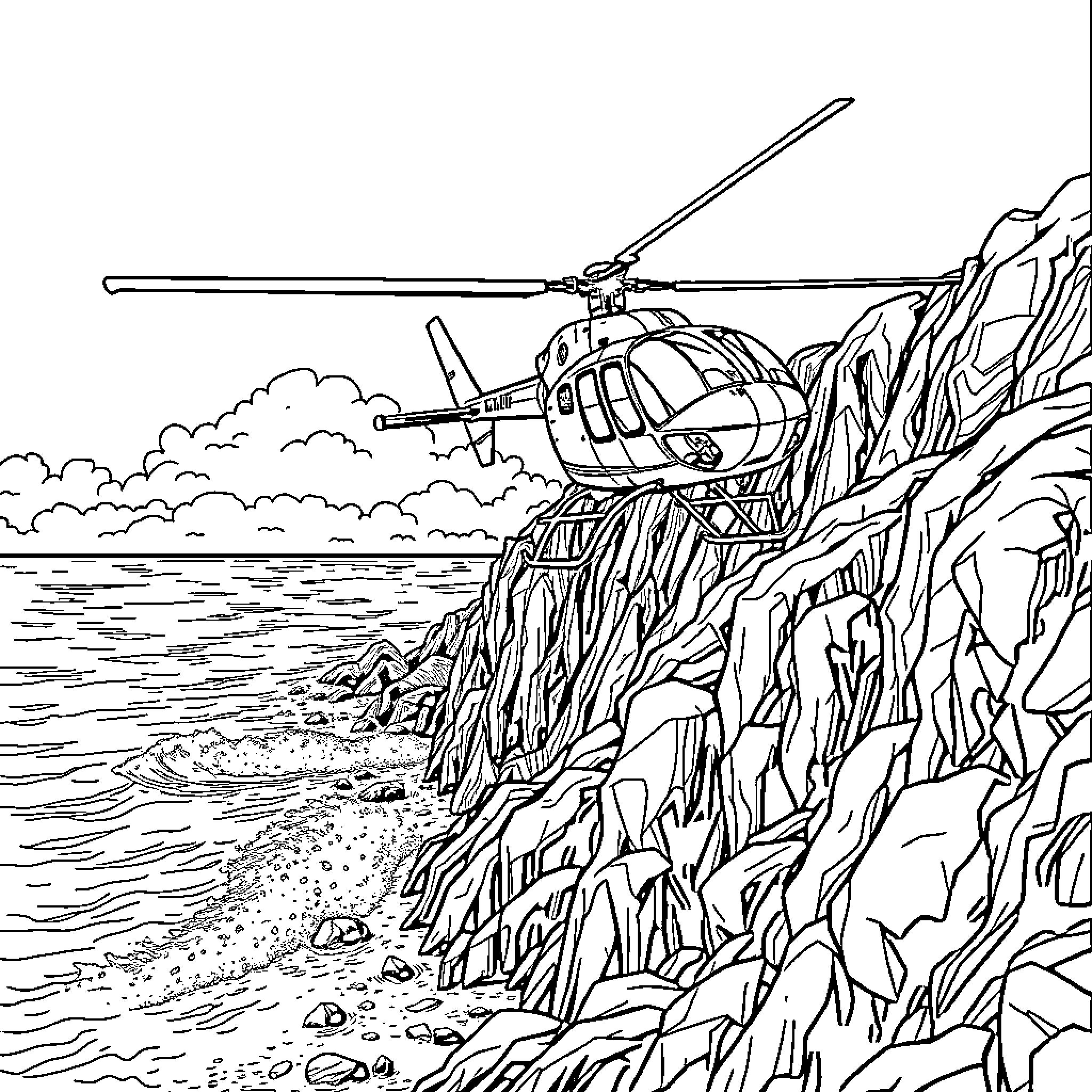 Helicopter hovering near rugged coastal cliffs Coloring Page (free black-and-white line drawing printable PDF for all, from beginners to advanced learners, including children, teens, adults, and seniors)