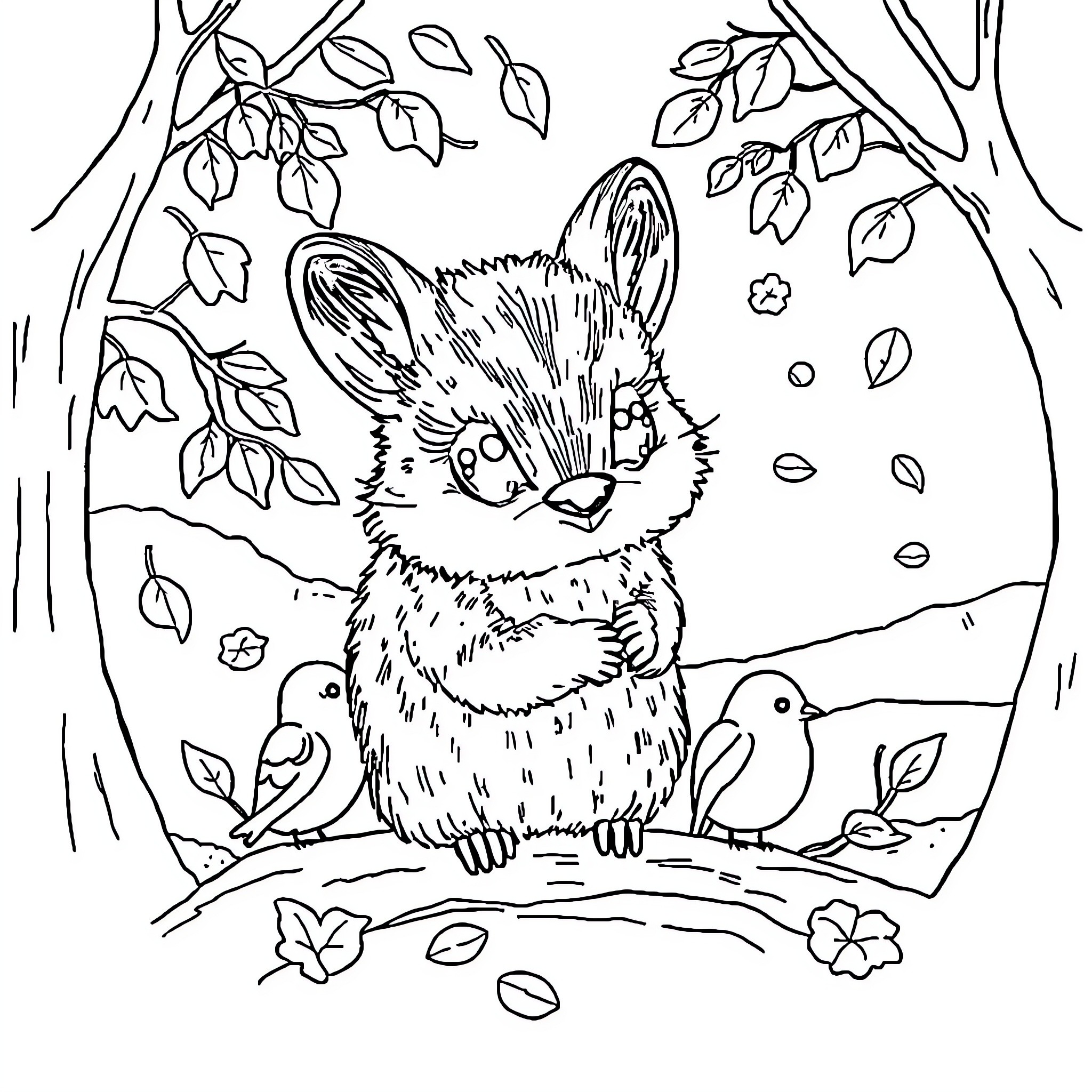 Hada Adorable Forest Creature Surrounded by Nature Coloring Page (free black-and-white line drawing printable PDF for all, from beginners to advanced learners, including children, teens, adults, and seniors)