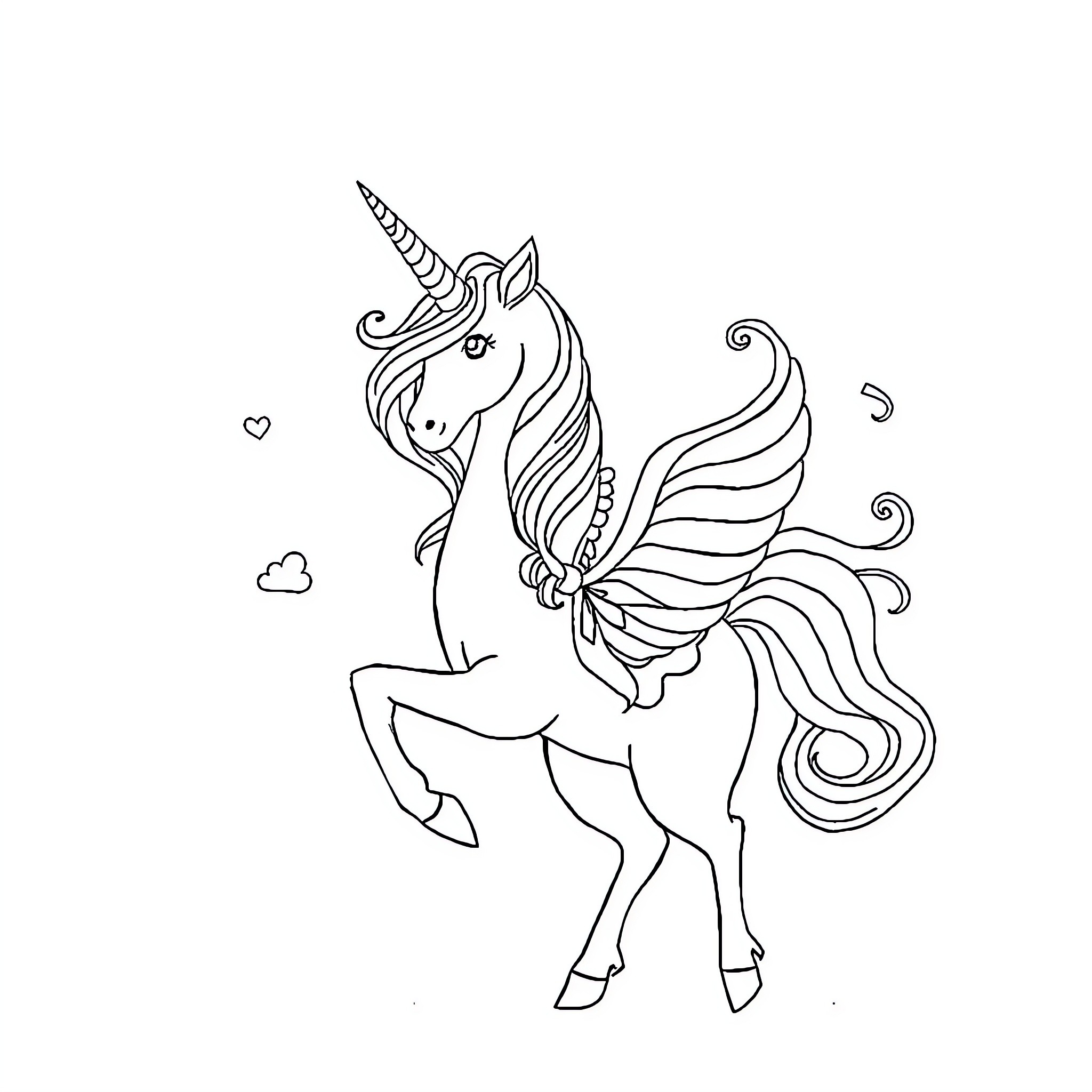 Unicorn with Magical Wings Soaring Gracefully Coloring Page (free black-and-white line drawing printable PDF for all, from beginners to advanced learners, including children, teens, adults, and seniors)