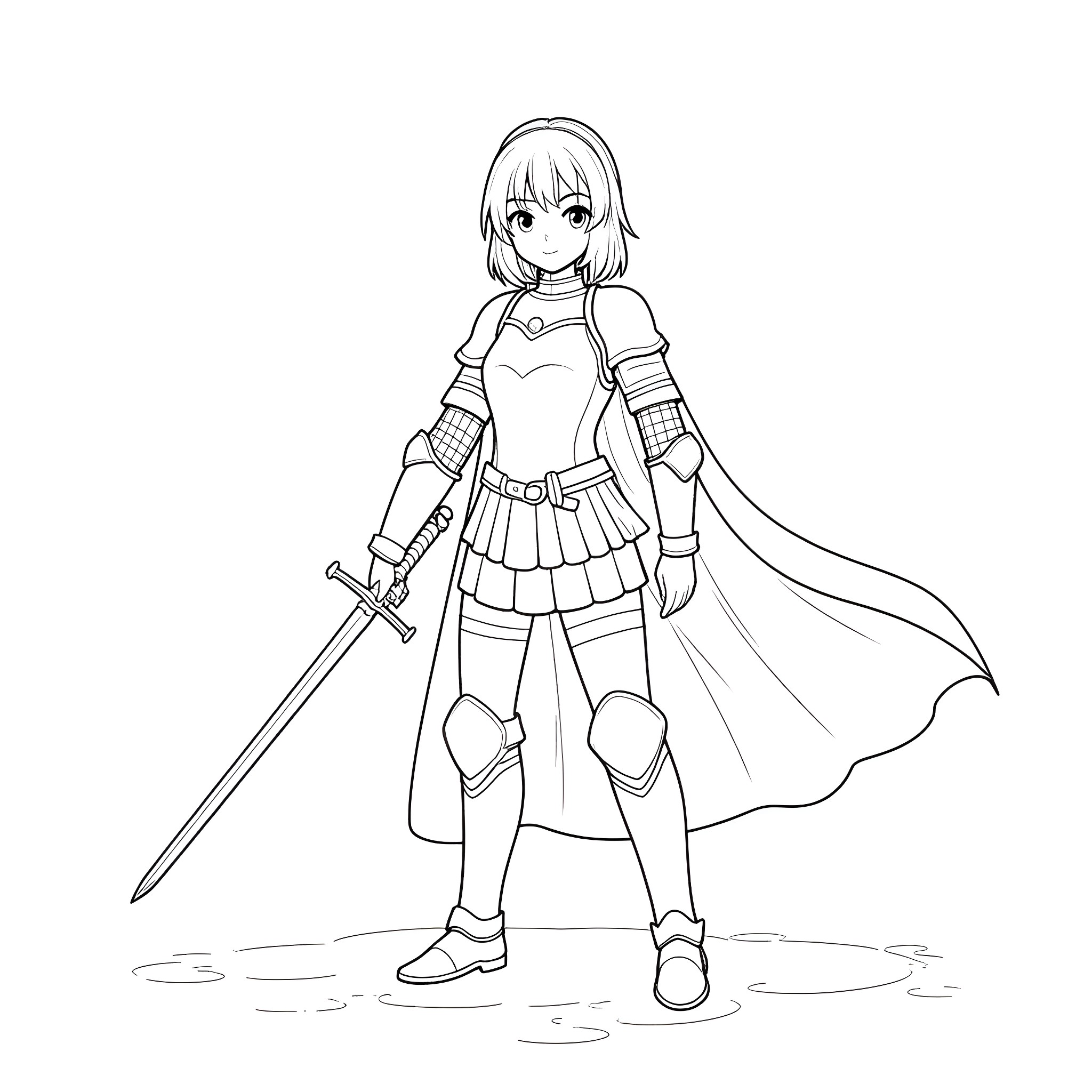 Anime Character Wielding a Sword with Determination Coloring Page (free black-and-white line drawing printable PDF for all, from beginners to advanced learners, including children, teens, adults, and seniors)