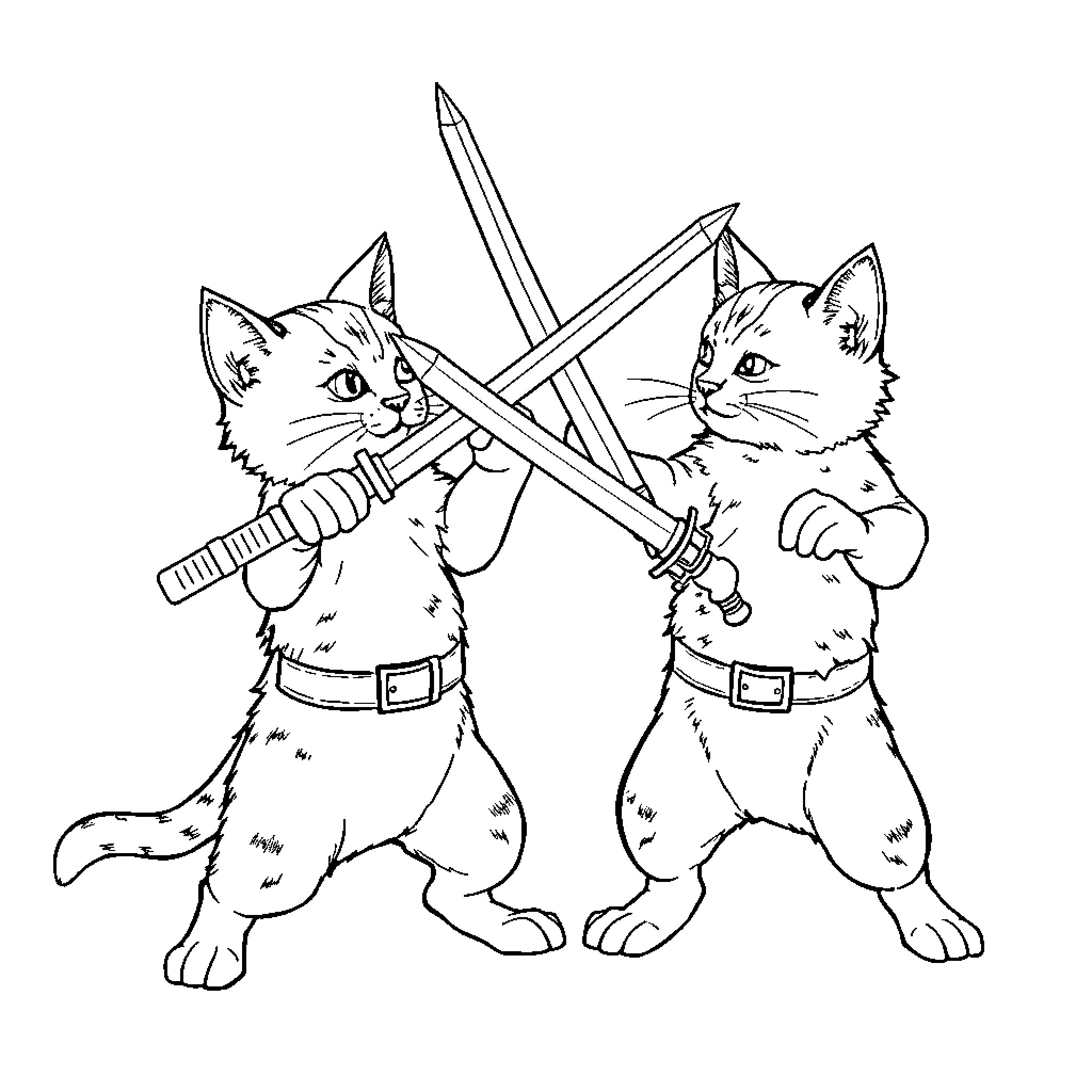 Cats wielding sword and dagger Coloring Page (free black-and-white line drawing printable PDF for all, from beginners to advanced learners, including children, teens, adults, and seniors)