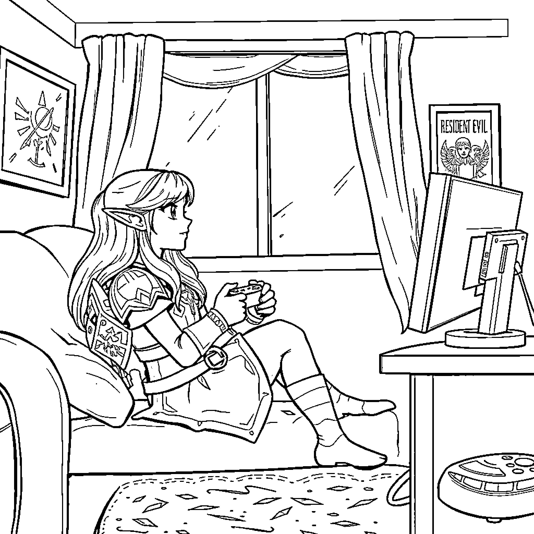 Princess Zelda relaxing and enjoying video game Coloring Page (free black-and-white line drawing printable PDF for all, from beginners to advanced learners, including children, teens, adults, and seniors)