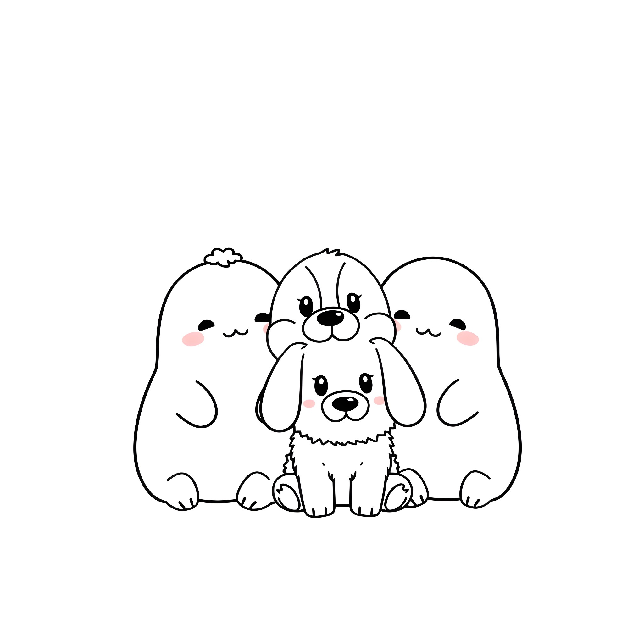 Squishmallow puppies and bunnies cuddling together Coloring Page (free black-and-white line drawing printable PDF for all, from beginners to advanced learners, including children, teens, adults, and seniors)