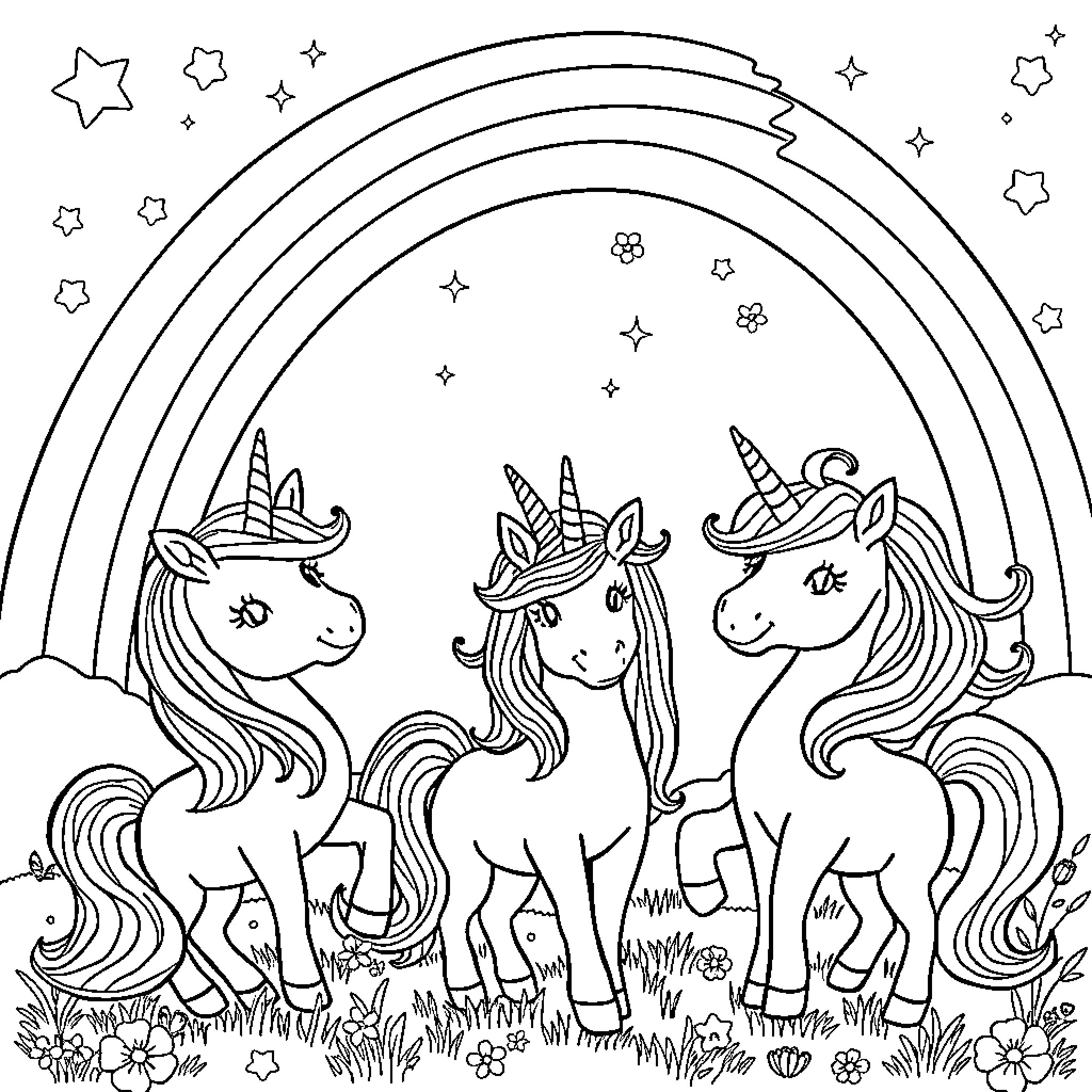 Unicorn trio playing under the starry night sky Coloring Page (free black-and-white line drawing printable PDF for all, from beginners to advanced learners, including children, teens, adults, and seniors)