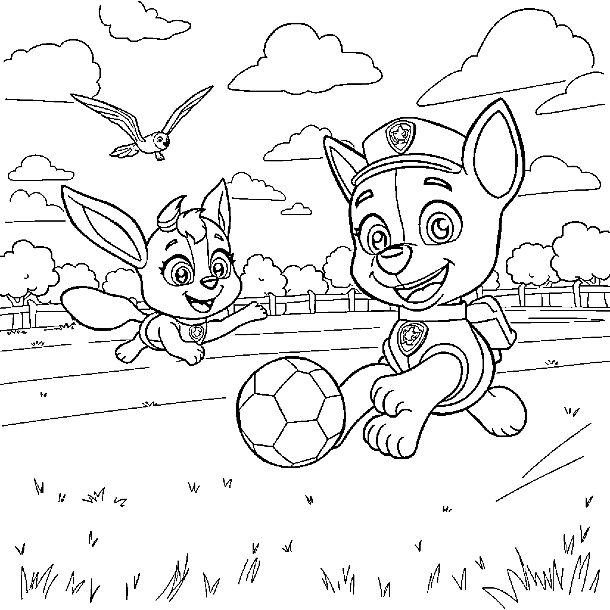 Bluey and Pup Playing with a Soccer Ball Coloring Page (free black-and-white line drawing printable PDF for all, from beginners to advanced learners, including children, teens, adults, and seniors)