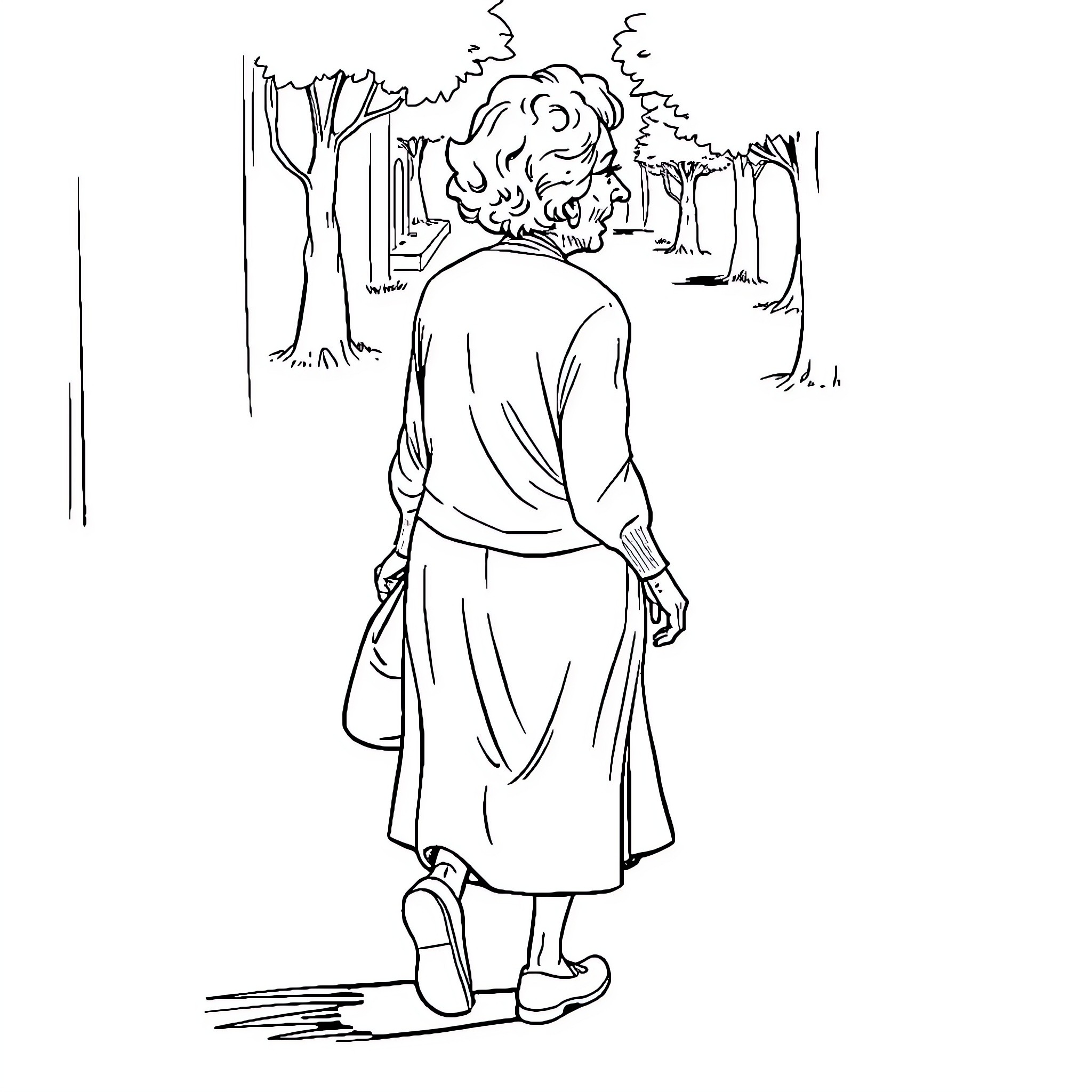 Lady strolling through the forest Coloring Page (free black-and-white line drawing printable PDF for all, from beginners to advanced learners, including children, teens, adults, and seniors)