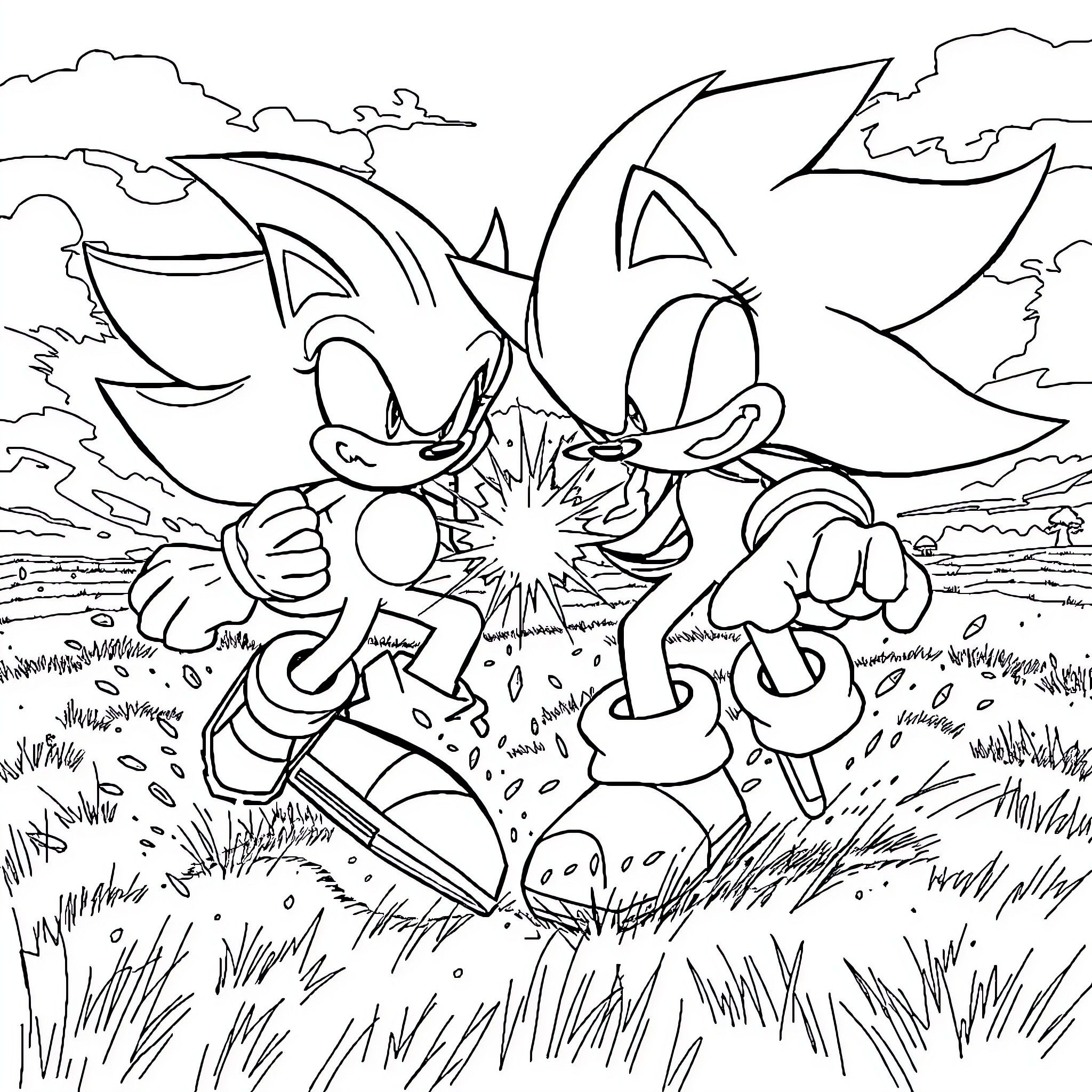 Sonic characters in exciting battle scene Coloring Page (free black-and-white line drawing printable PDF for all, from beginners to advanced learners, including children, teens, adults, and seniors)