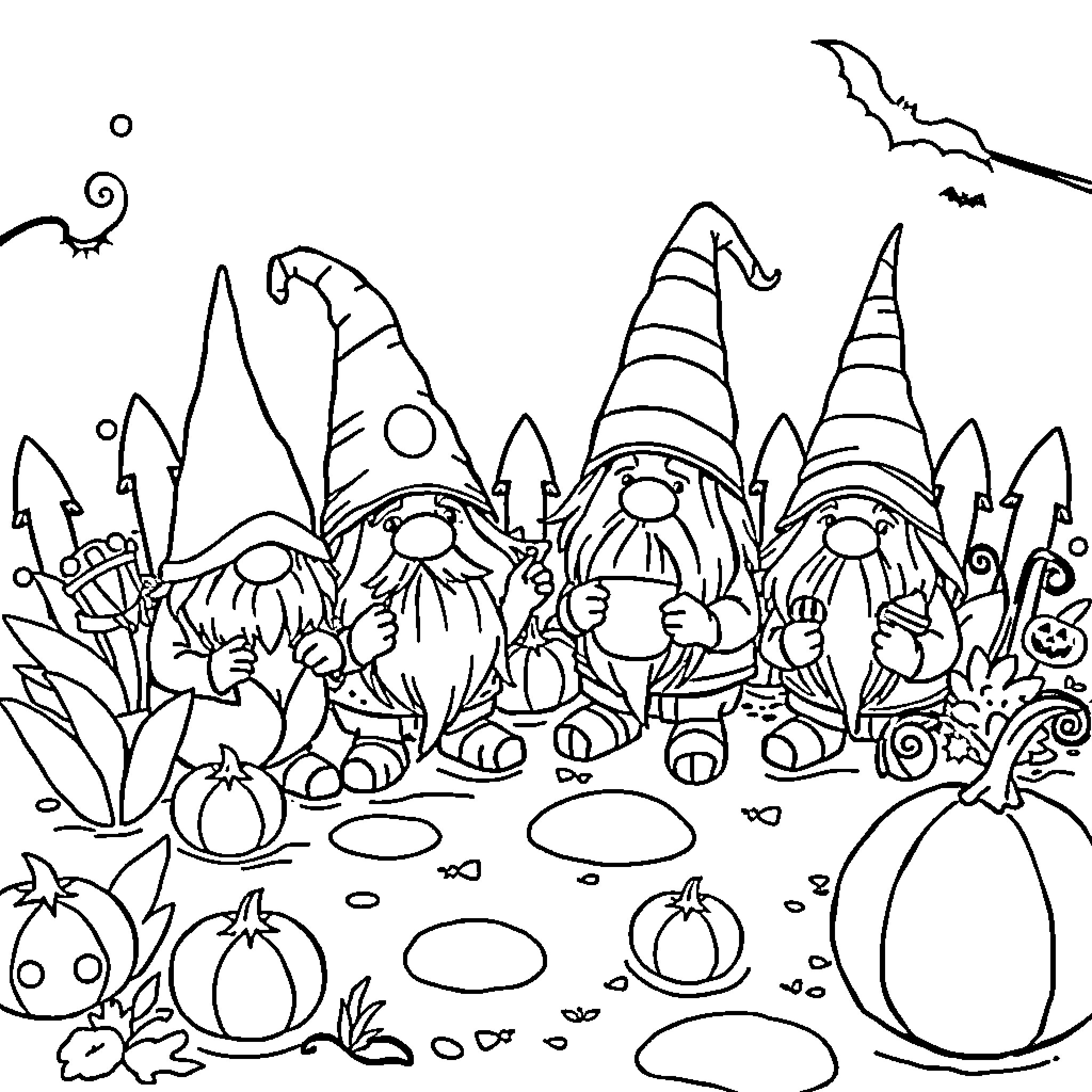 Gnome garden party with whimsical creatures Coloring Page (free black-and-white line drawing printable PDF for all, from beginners to advanced learners, including children, teens, adults, and seniors)
