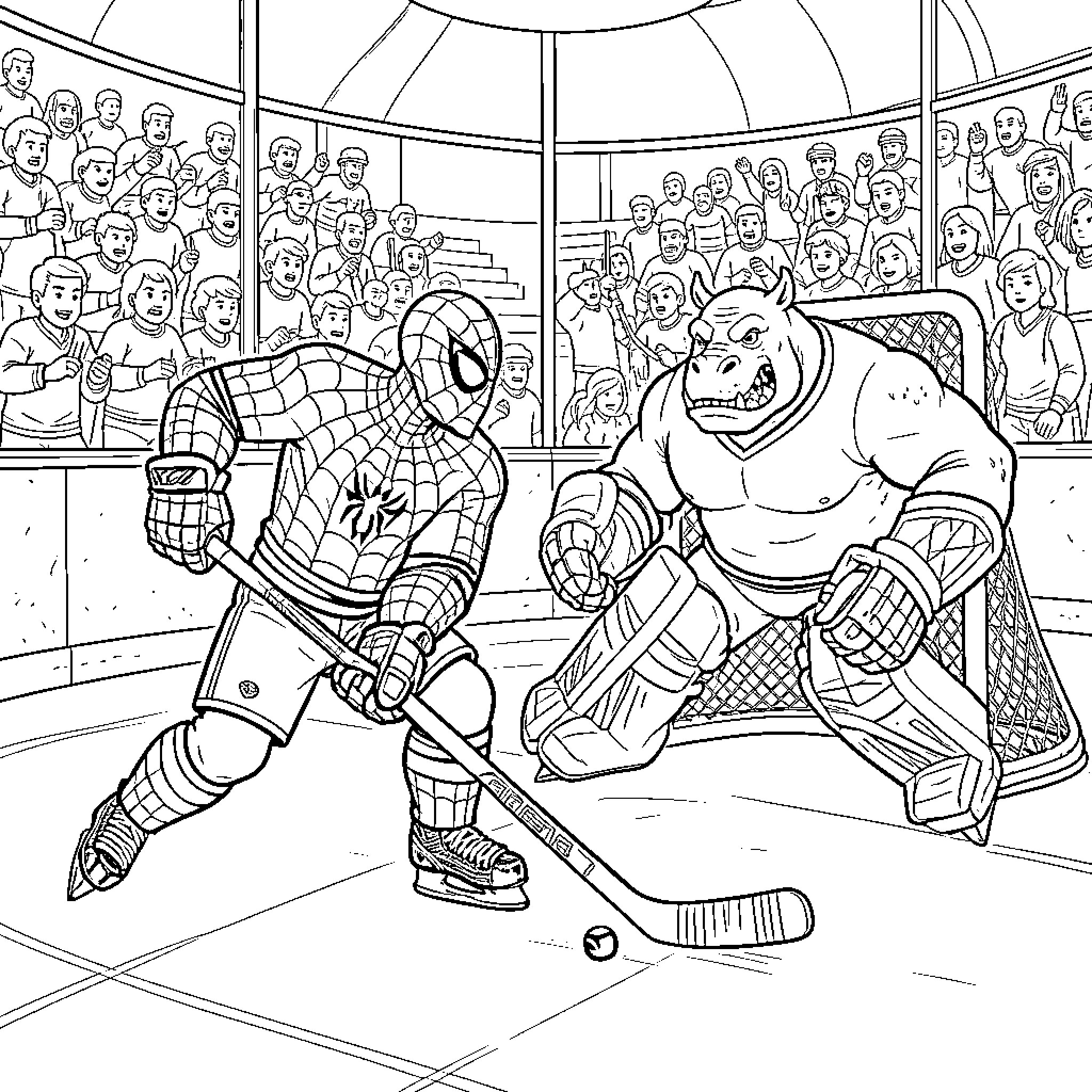 Spidey's Ice Hockey Match with Monstrous Opponent Coloring Page (free black-and-white line drawing printable PDF for all, from beginners to advanced learners, including children, teens, adults, and seniors)