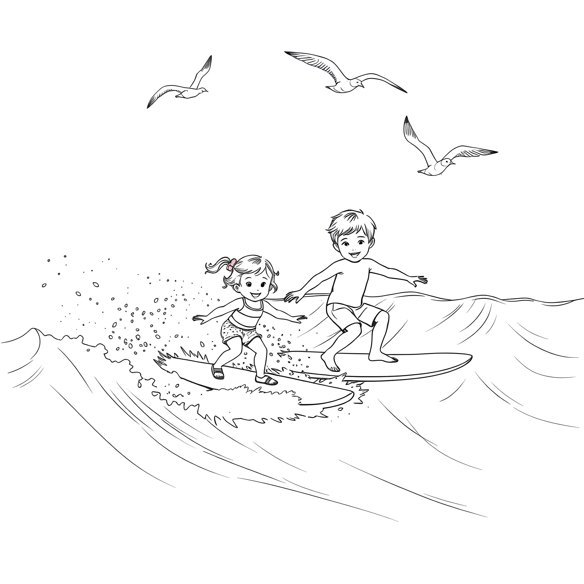 Sibling surfers catch the waves together Coloring Page (free black-and-white line drawing printable PDF for all, from beginners to advanced learners, including children, teens, adults, and seniors)