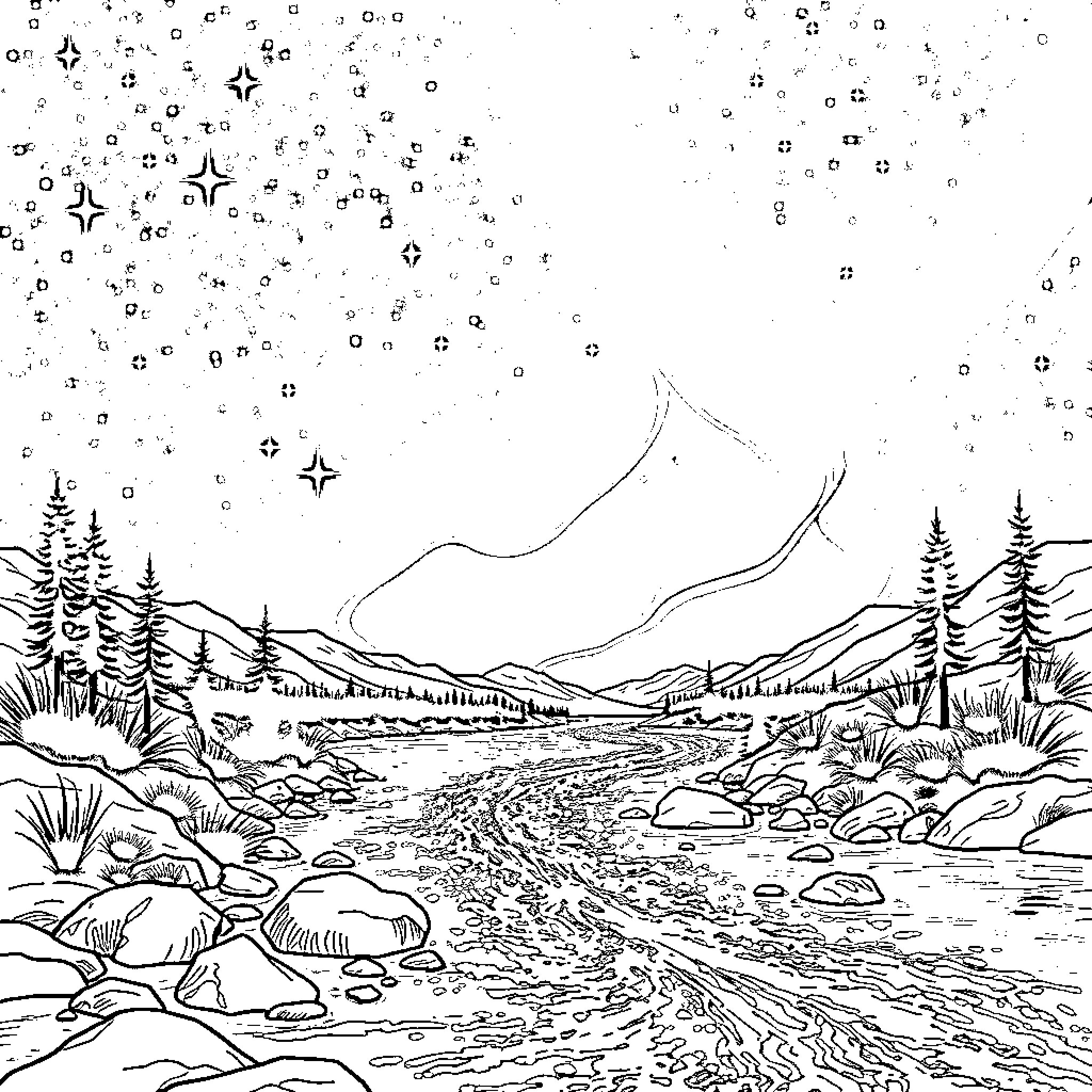 Star-filled Night in the Wilderness Landscape Coloring Page (free black-and-white line drawing printable PDF for all, from beginners to advanced learners, including children, teens, adults, and seniors)