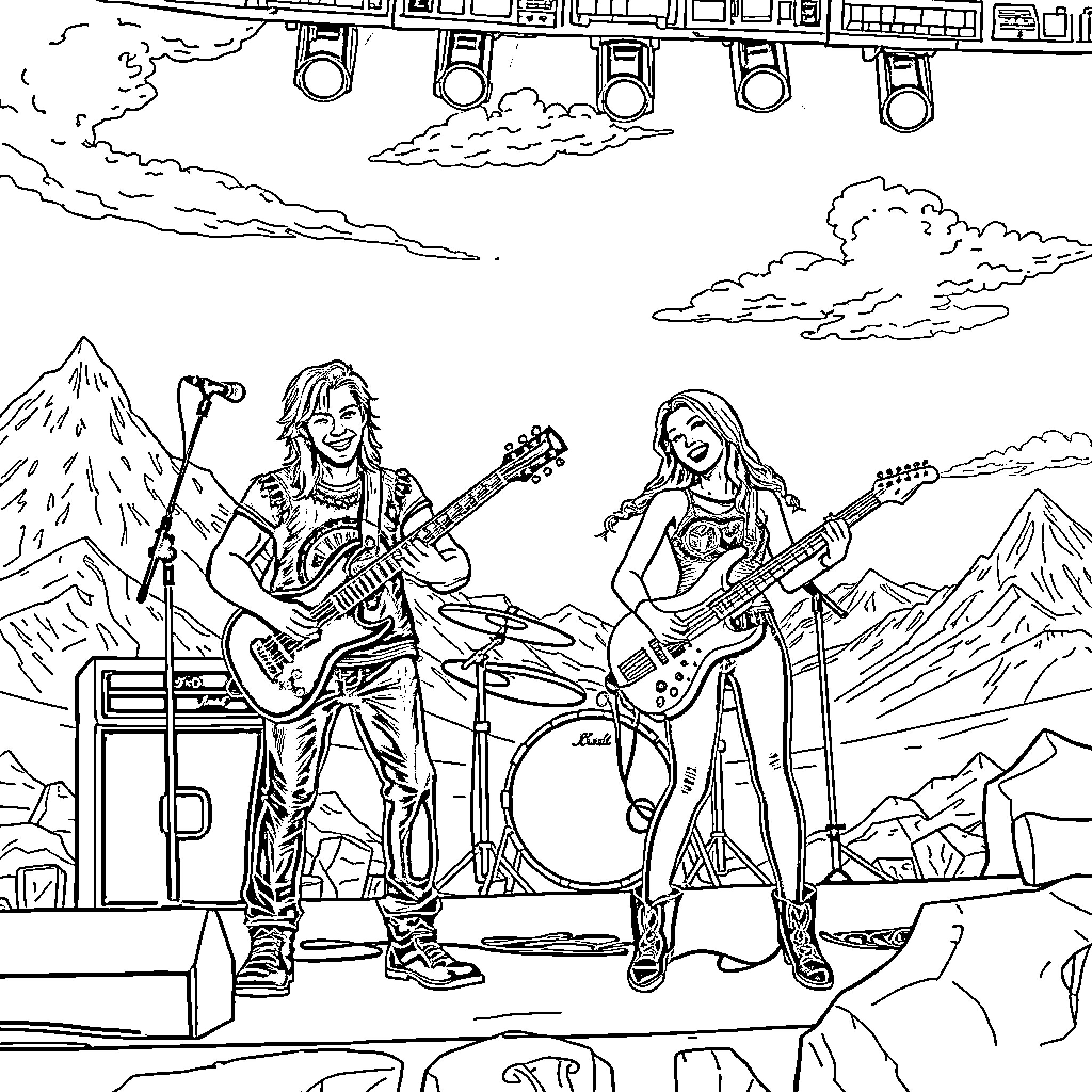 Band performing on stage with guitars and drums Coloring Page (free black-and-white line drawing printable PDF for all, from beginners to advanced learners, including children, teens, adults, and seniors)