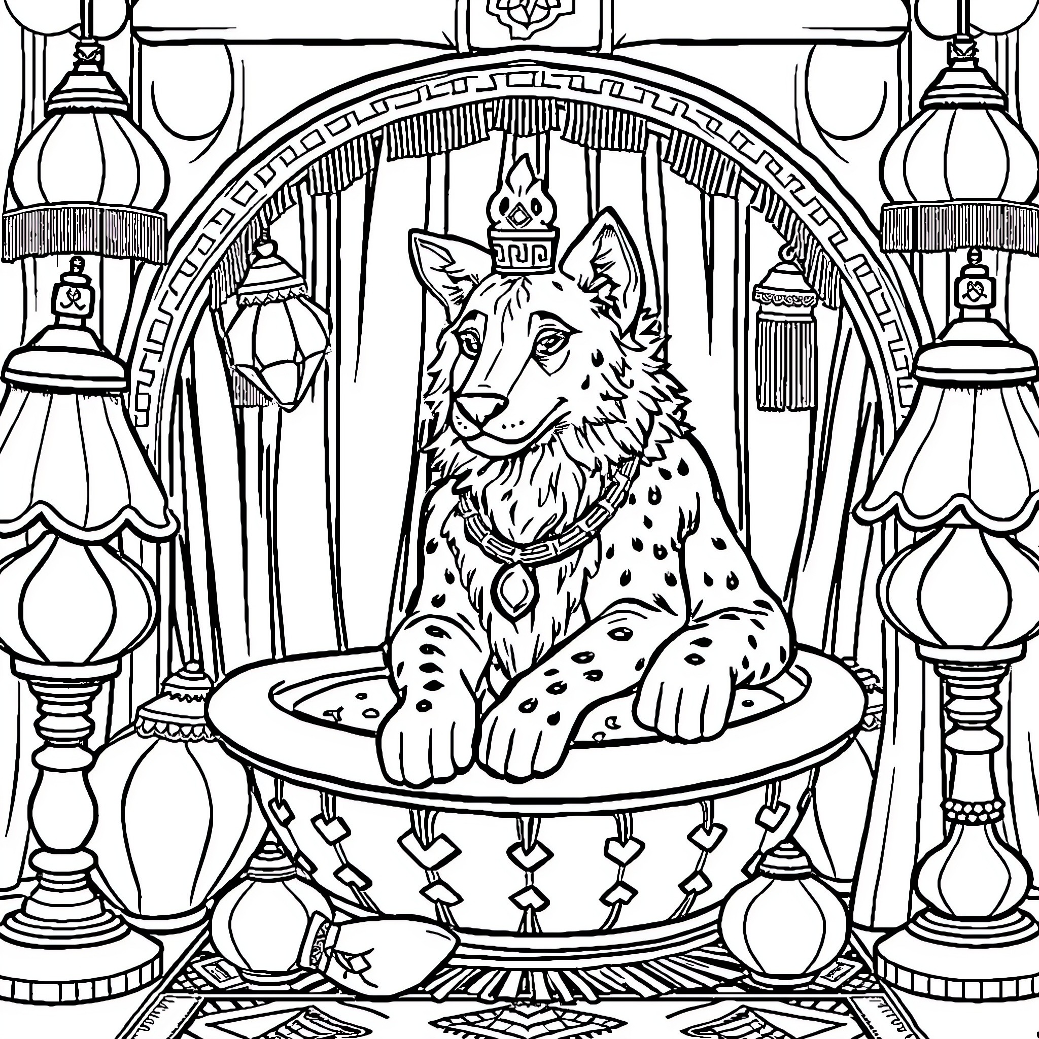 Tamerlan, the Spotted Guardian in a Mystical Sanctuary Coloring Page (free black-and-white line drawing printable PDF for all, from beginners to advanced learners, including children, teens, adults, and seniors)