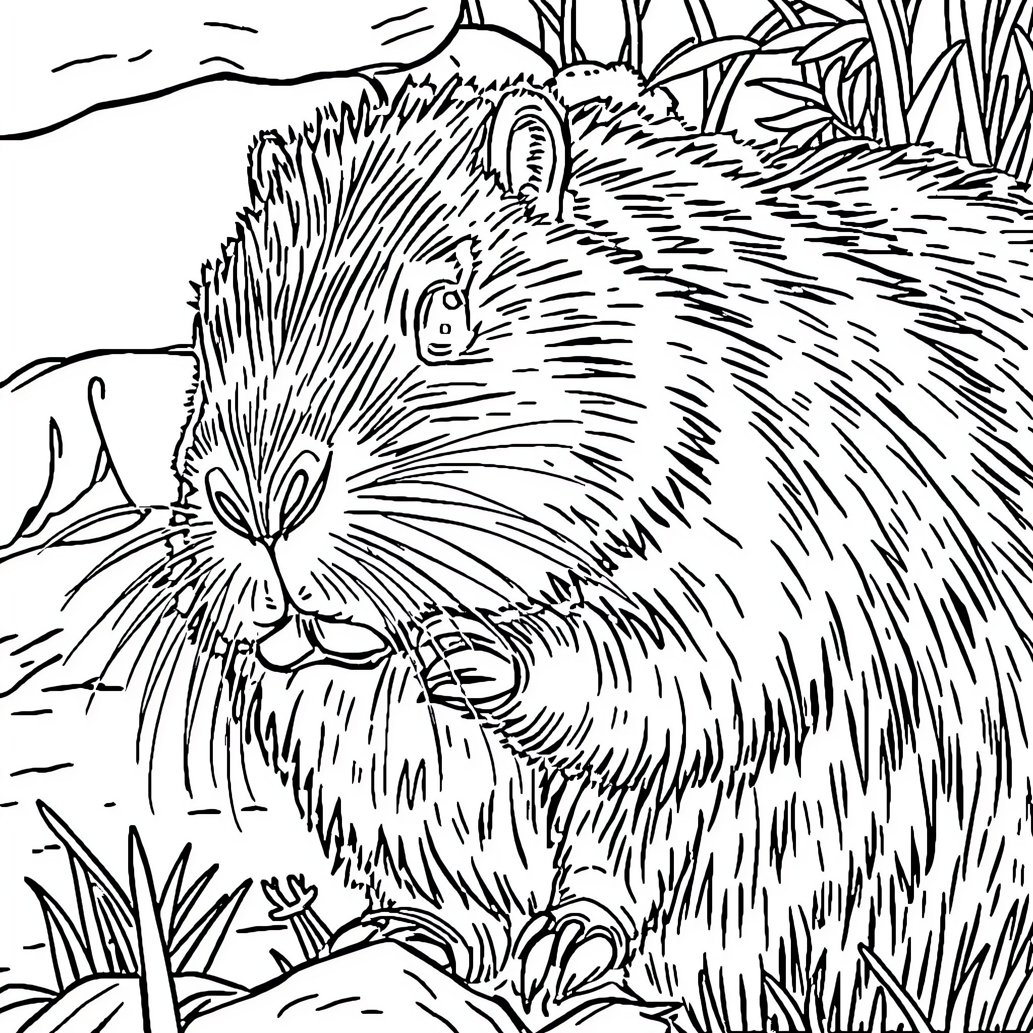 Capybara relaxing in the wild Coloring Page (free black-and-white line drawing printable PDF for all, from beginners to advanced learners, including children, teens, adults, and seniors)
