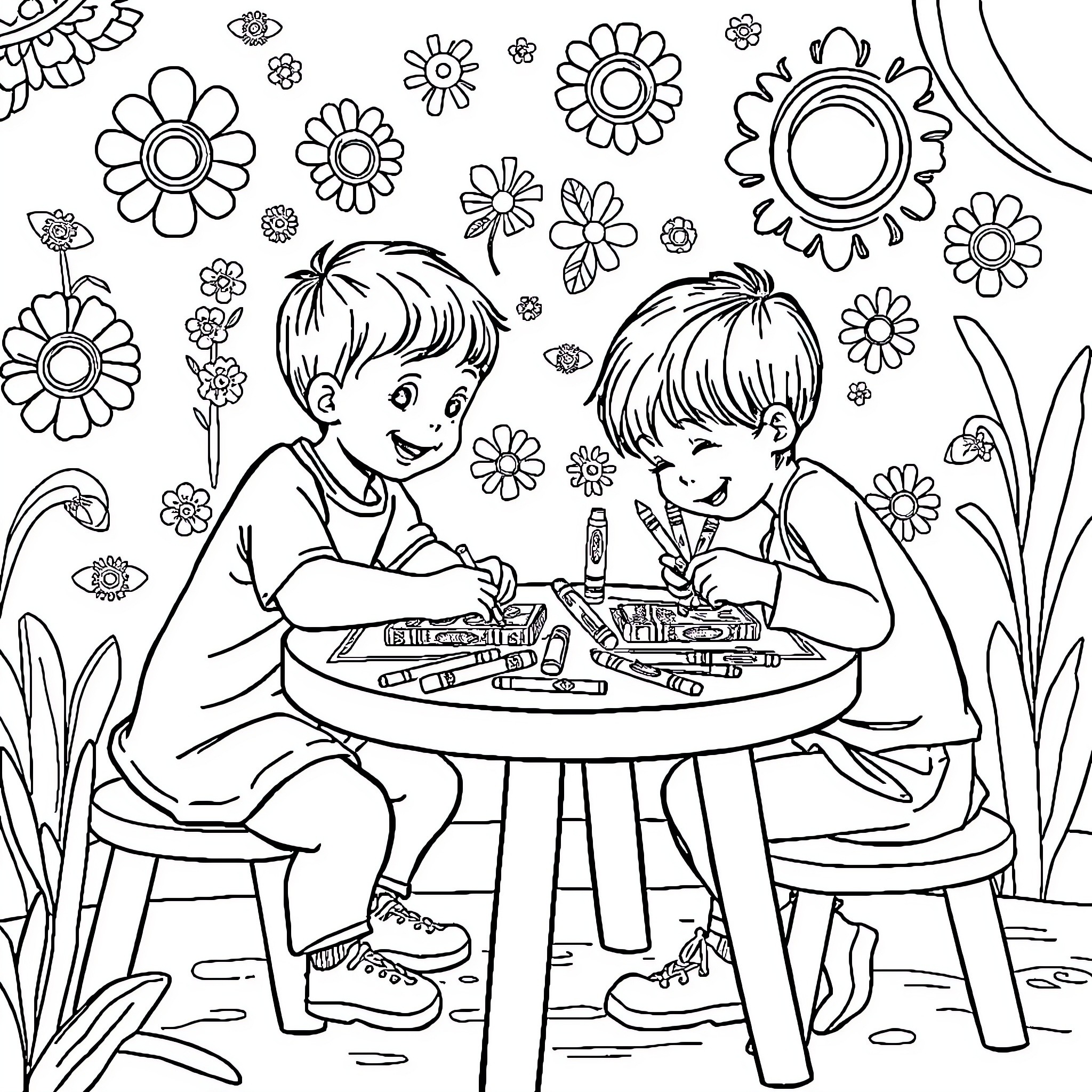 Kids coloring and drawing at the table Coloring Page (free black-and-white line drawing printable PDF for all, from beginners to advanced learners, including children, teens, adults, and seniors)