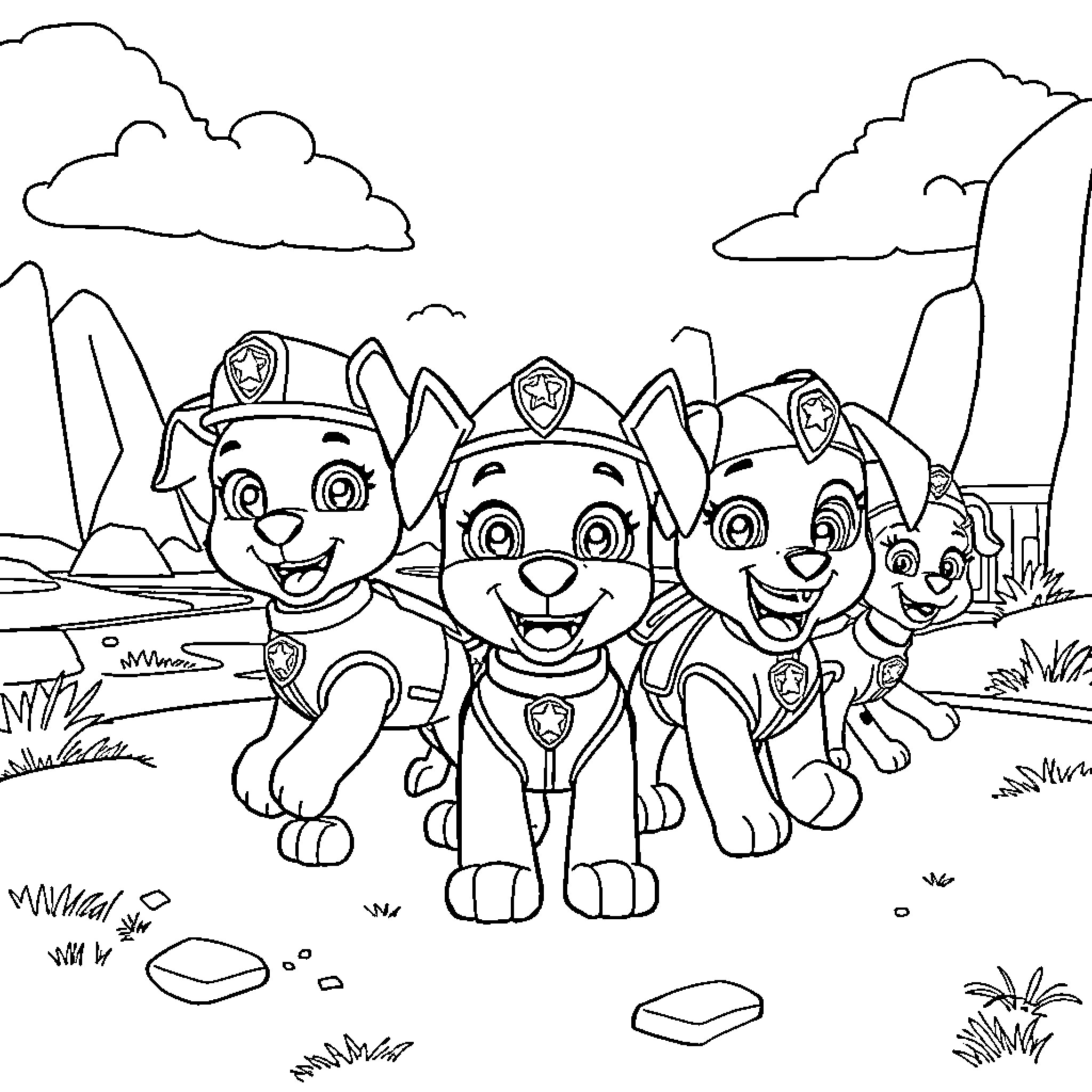 Paw Patrol pups on an adventure Coloring Page (free black-and-white line drawing printable PDF for all, from beginners to advanced learners, including children, teens, adults, and seniors)