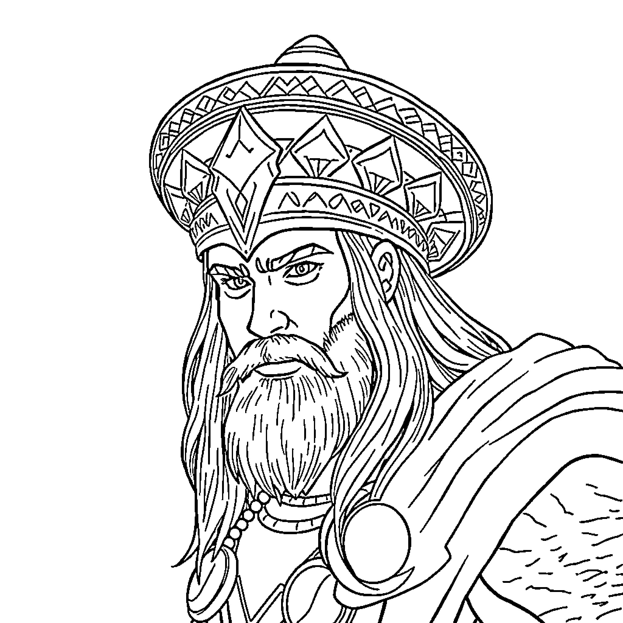 Thor with Ornate Headgear and Commanding Presence Coloring Page (free black-and-white line drawing printable PDF for all, from beginners to advanced learners, including children, teens, adults, and seniors)