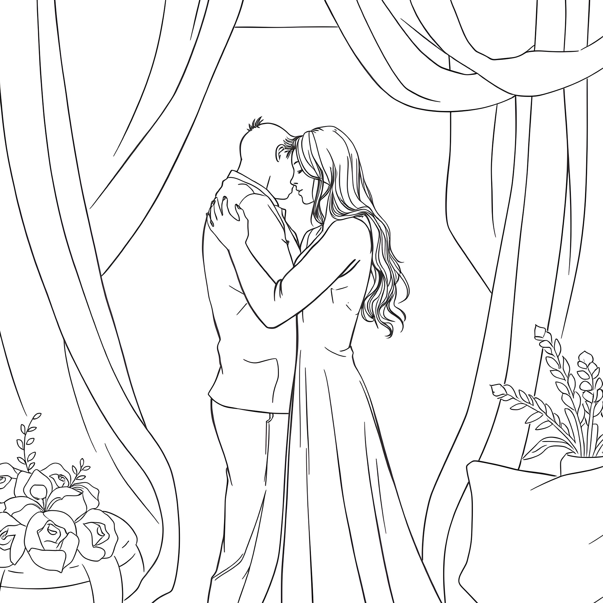 Couple embracing intimately in private scene Coloring Page (free black-and-white line drawing printable PDF for all, from beginners to advanced learners, including children, teens, adults, and seniors)