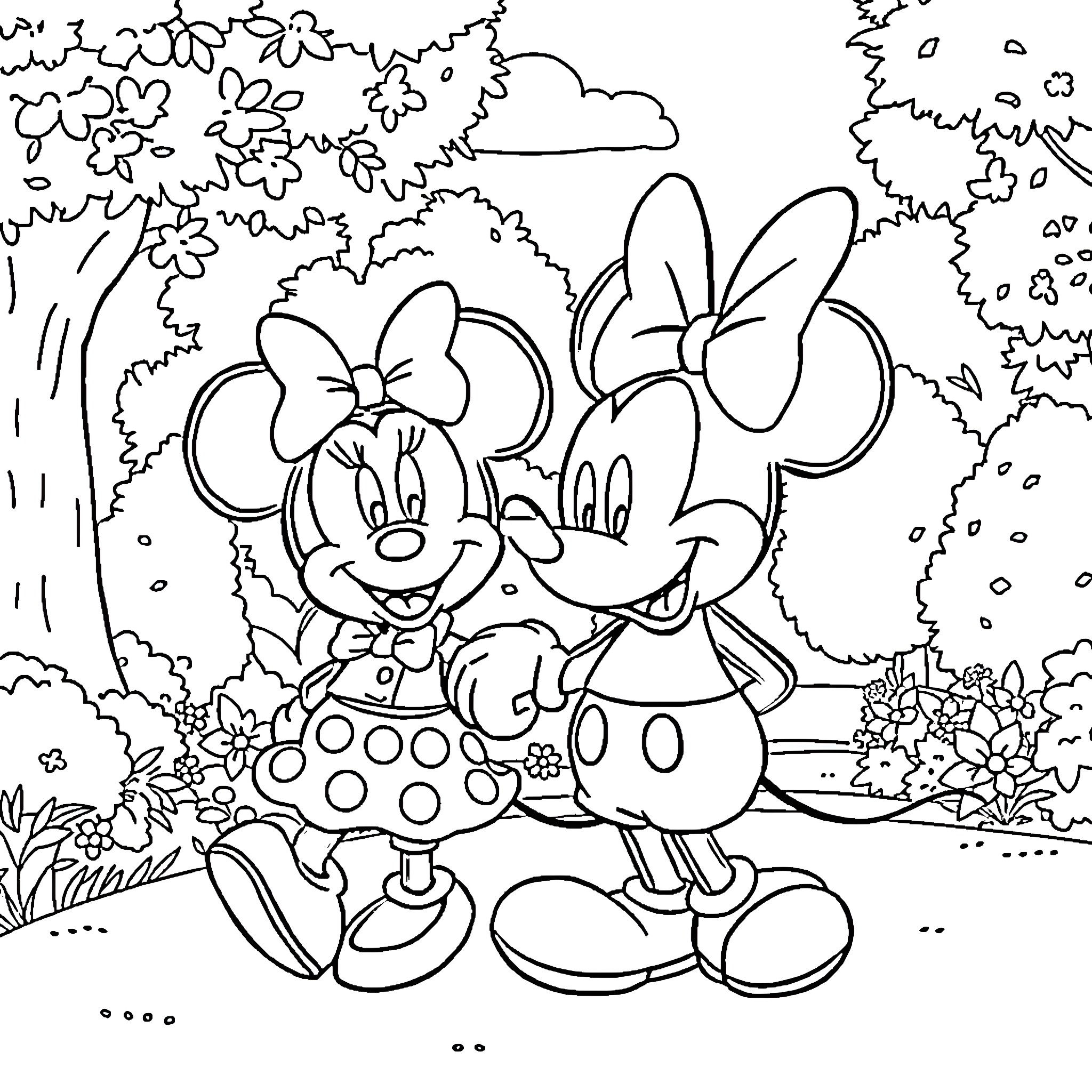 Mickey and Minnie enjoy a stroll through the garden Coloring Page (free black-and-white line drawing printable PDF for all, from beginners to advanced learners, including children, teens, adults, and seniors)