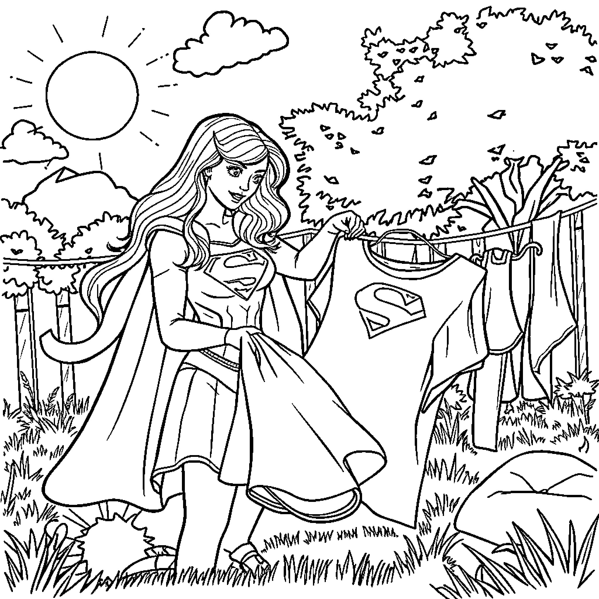 Supergirl saves the day in a beautiful natural setting Coloring Page (free black-and-white line drawing printable PDF for all, from beginners to advanced learners, including children, teens, adults, and seniors)