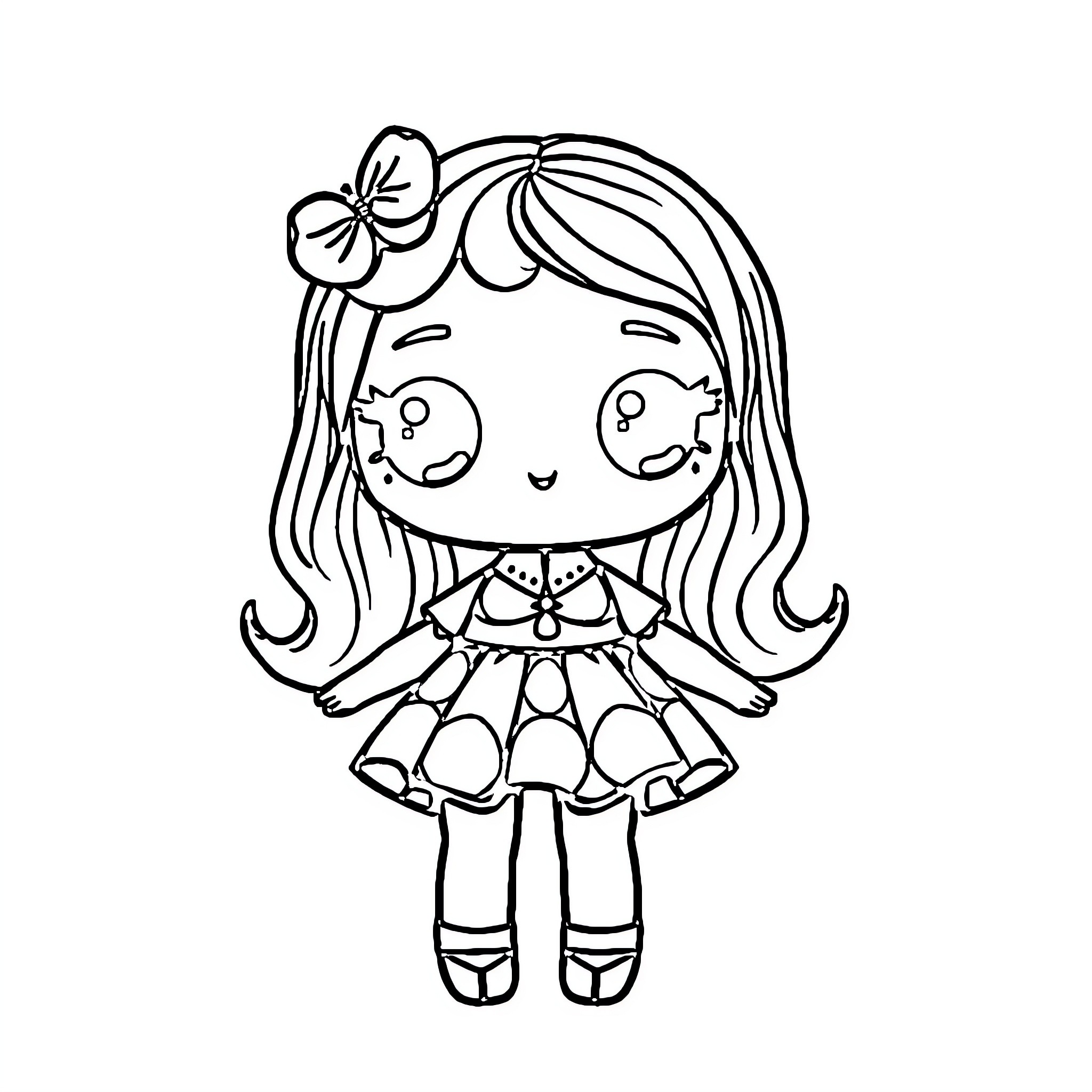 Paper Doll Wearing Adorable Outfit and Bow Coloring Page (free black-and-white line drawing printable PDF for all, from beginners to advanced learners, including children, teens, adults, and seniors)