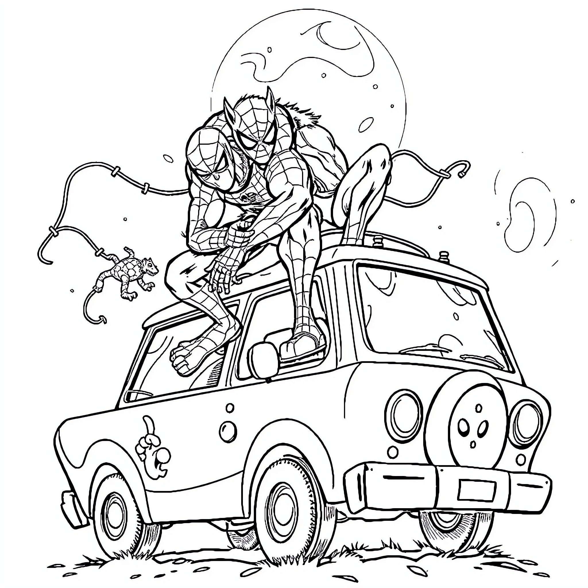 Werewolf driving a quirky car under the night sky Coloring Page (free black-and-white line drawing printable PDF for all, from beginners to advanced learners, including children, teens, adults, and seniors)