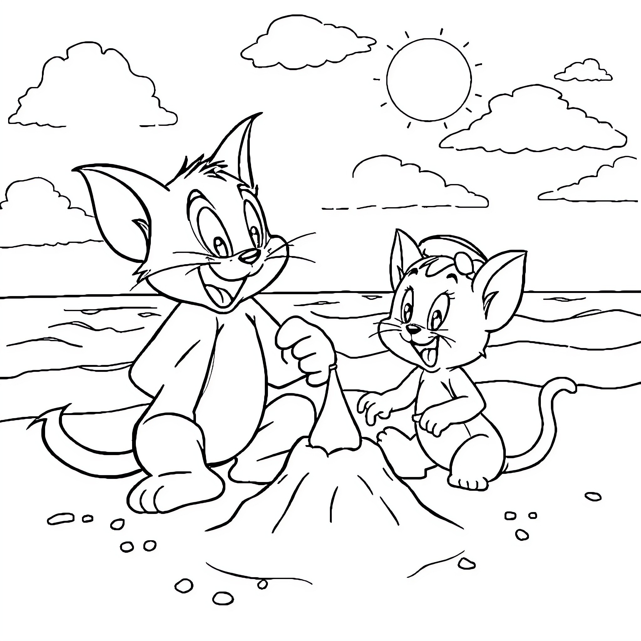 Tom and Jerry playing by the beach Coloring Page (free black-and-white line drawing printable PDF for all, from beginners to advanced learners, including children, teens, adults, and seniors)