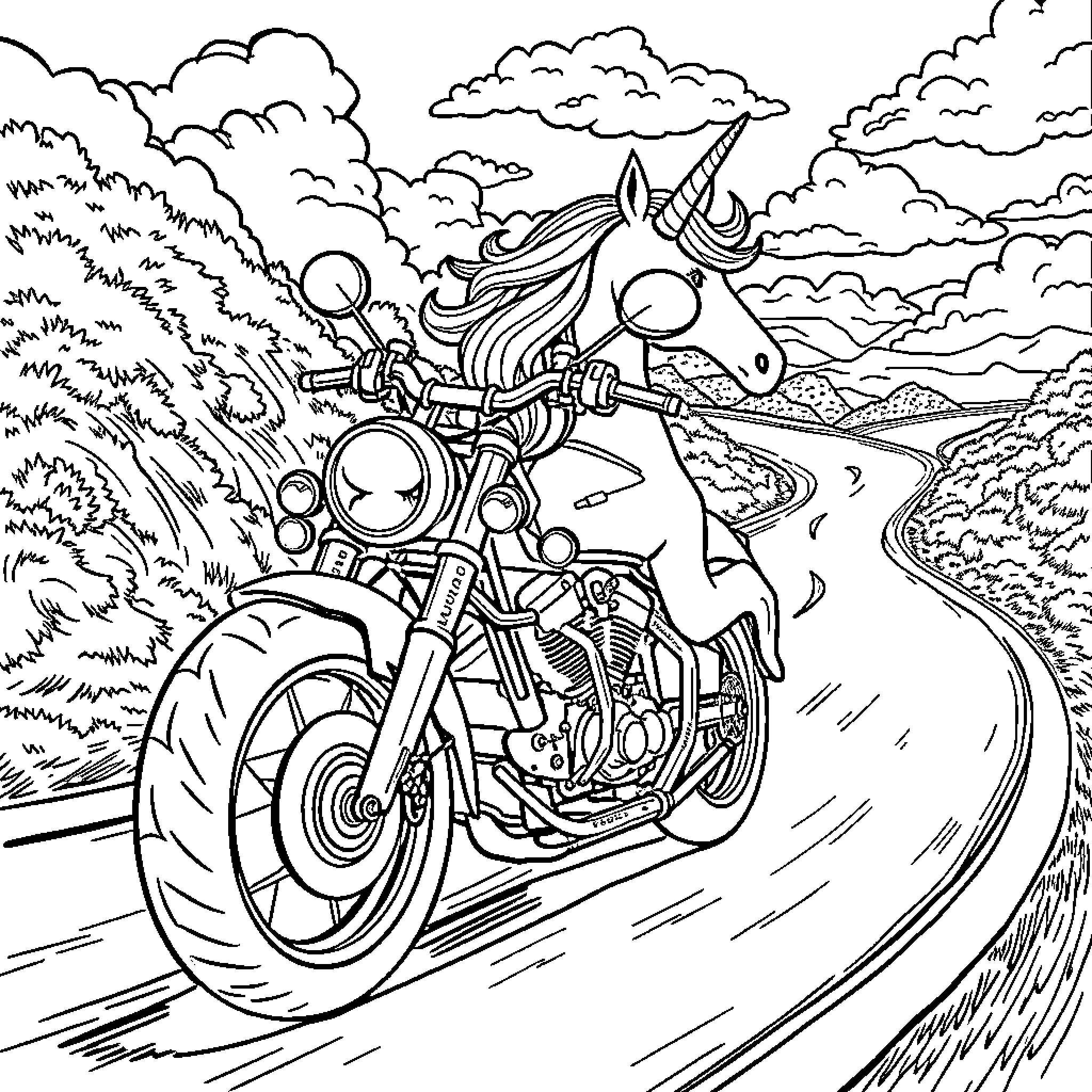 Unicorn riding a motorcycle on a winding road Coloring Page (free black-and-white line drawing printable PDF for all, from beginners to advanced learners, including children, teens, adults, and seniors)