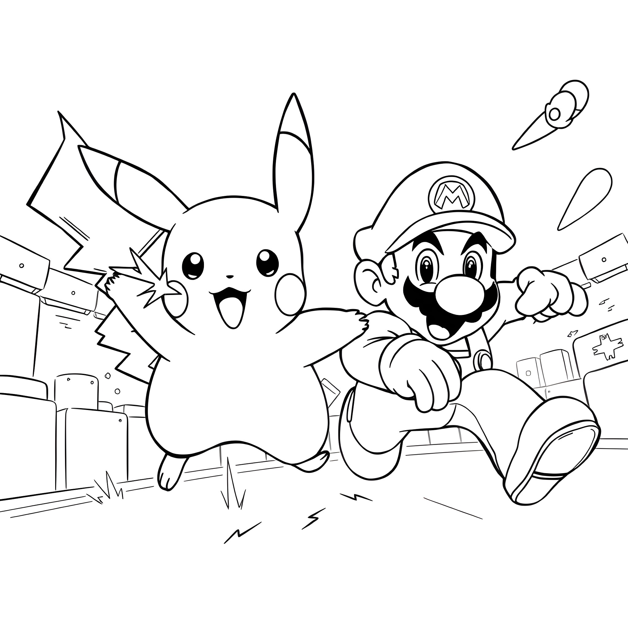 Pikachu and Mario running and jumping excitedly Coloring Page (free black-and-white line drawing printable PDF for all, from beginners to advanced learners, including children, teens, adults, and seniors)