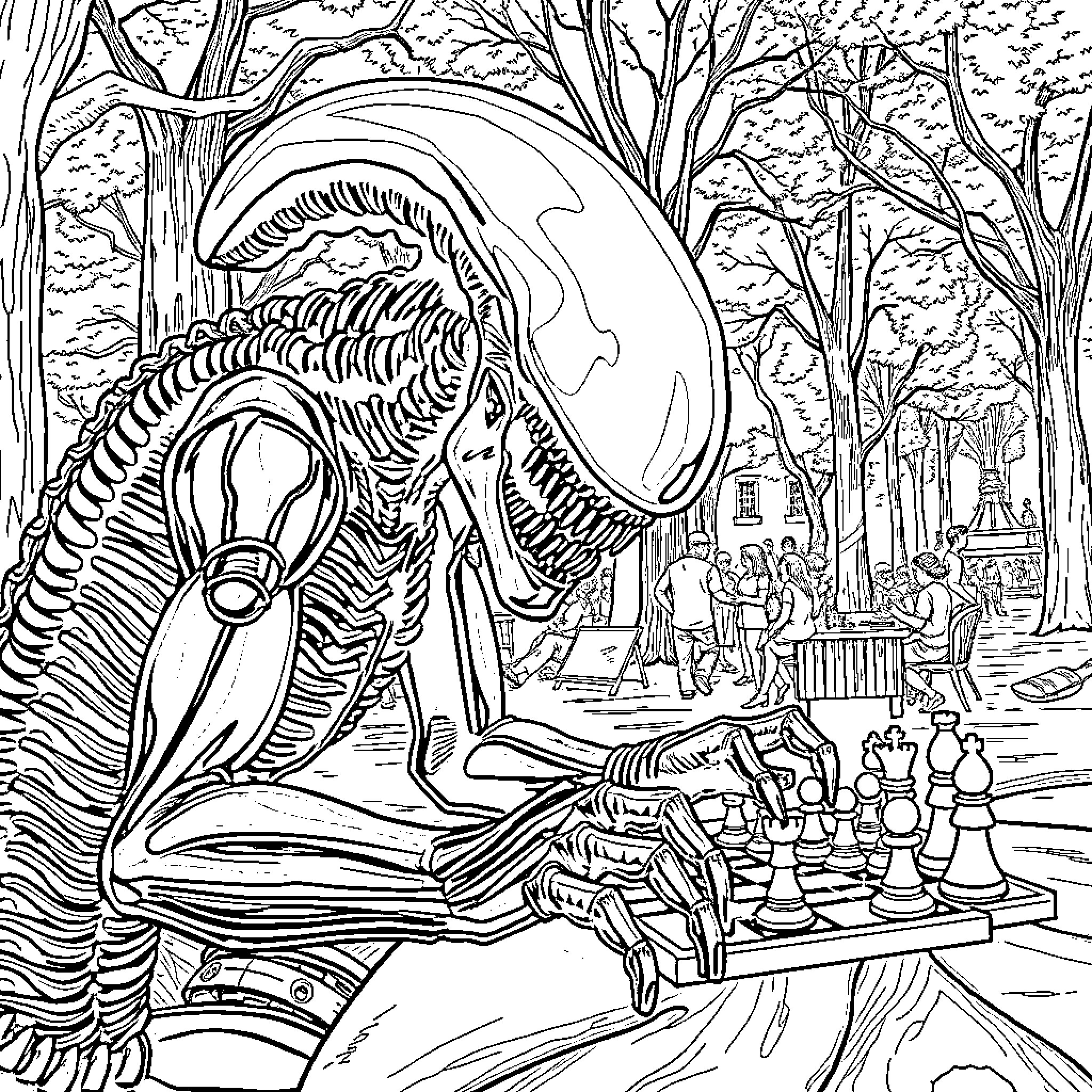 Xenomorph playing a chess match in the forest Coloring Page (free black-and-white line drawing printable PDF for all, from beginners to advanced learners, including children, teens, adults, and seniors)