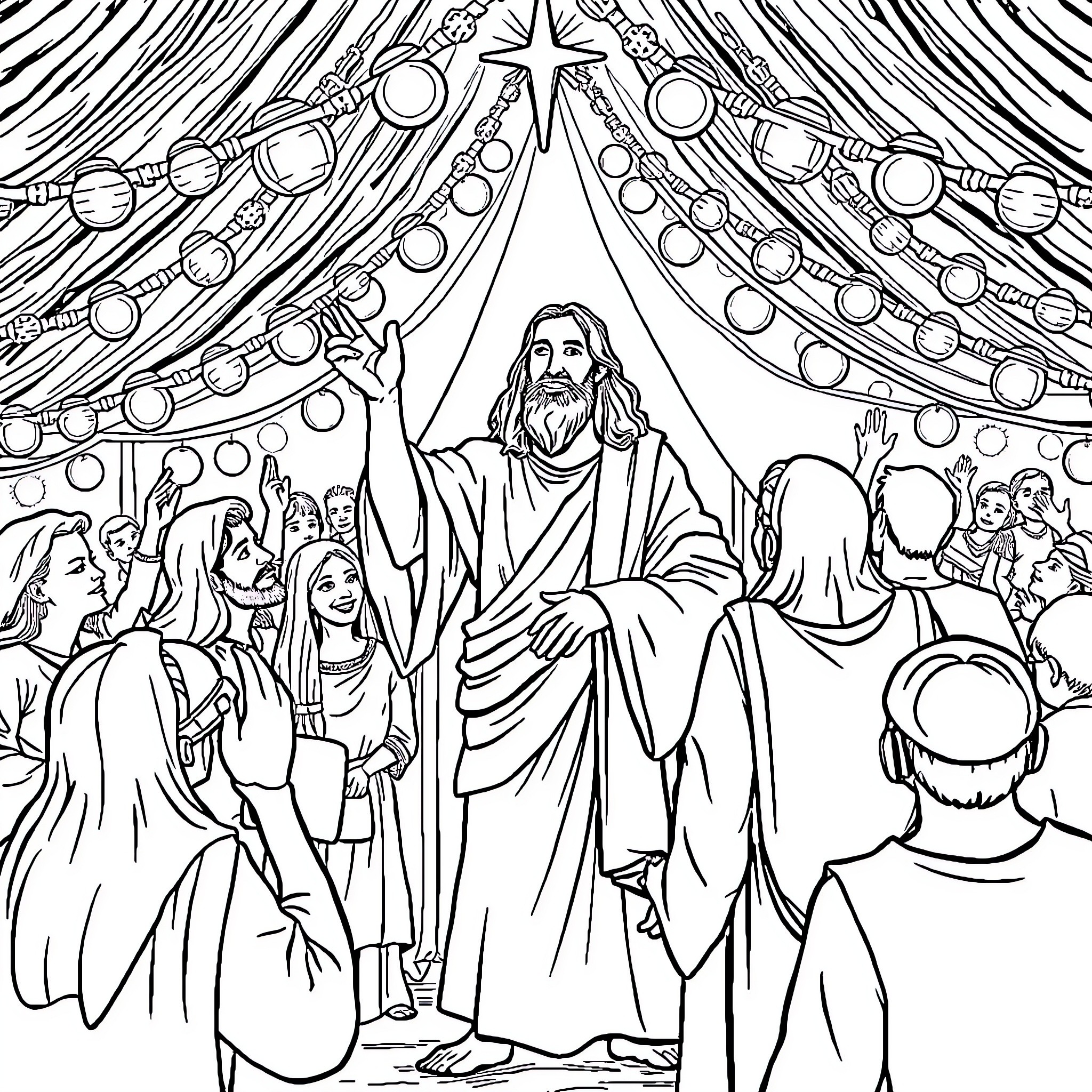 Yahshua Teaching in a Decorated Gathering Coloring Page (free black-and-white line drawing printable PDF for all, from beginners to advanced learners, including children, teens, adults, and seniors)
