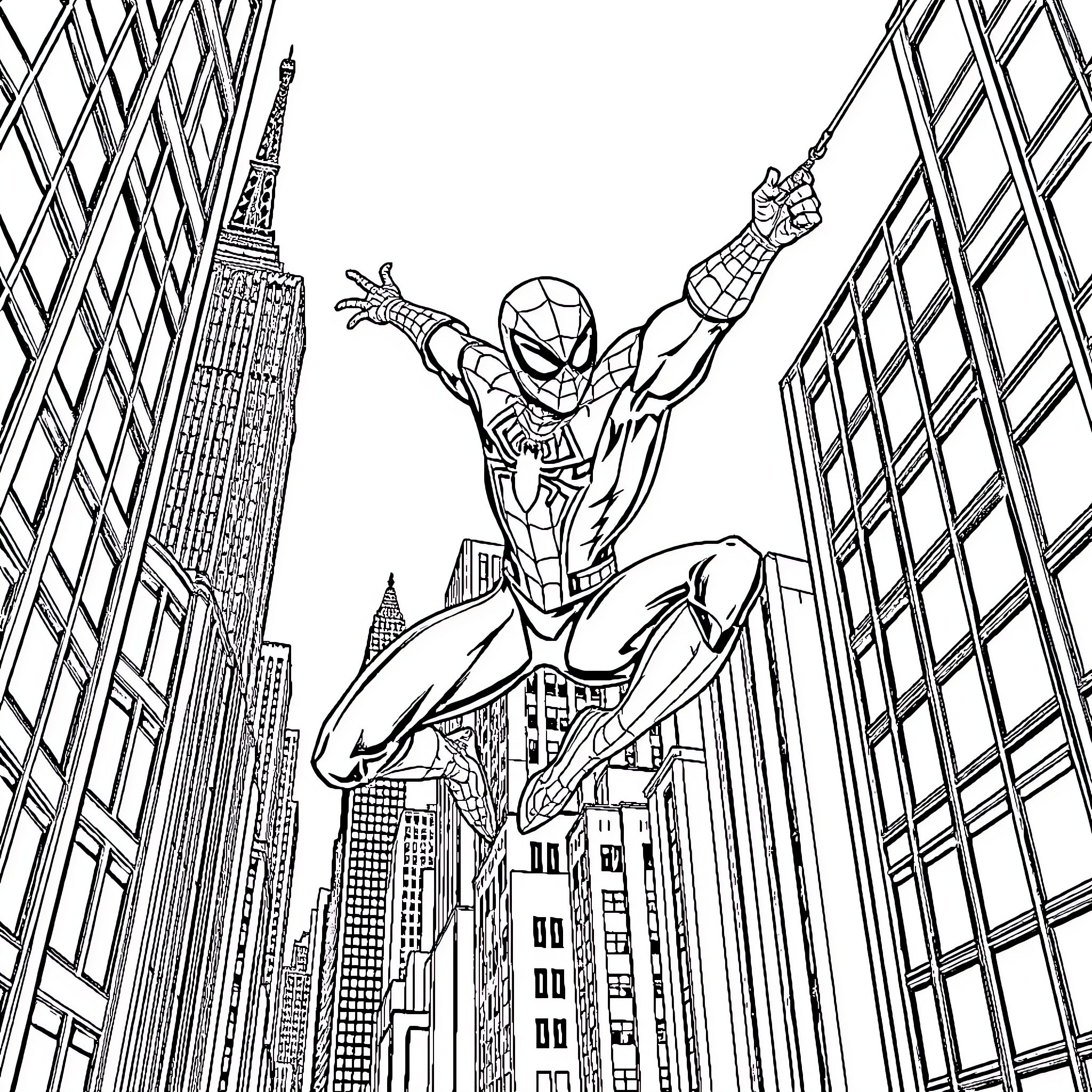 Spider-Man swinging through the city skyline Coloring Page (free black-and-white line drawing printable PDF for all, from beginners to advanced learners, including children, teens, adults, and seniors)