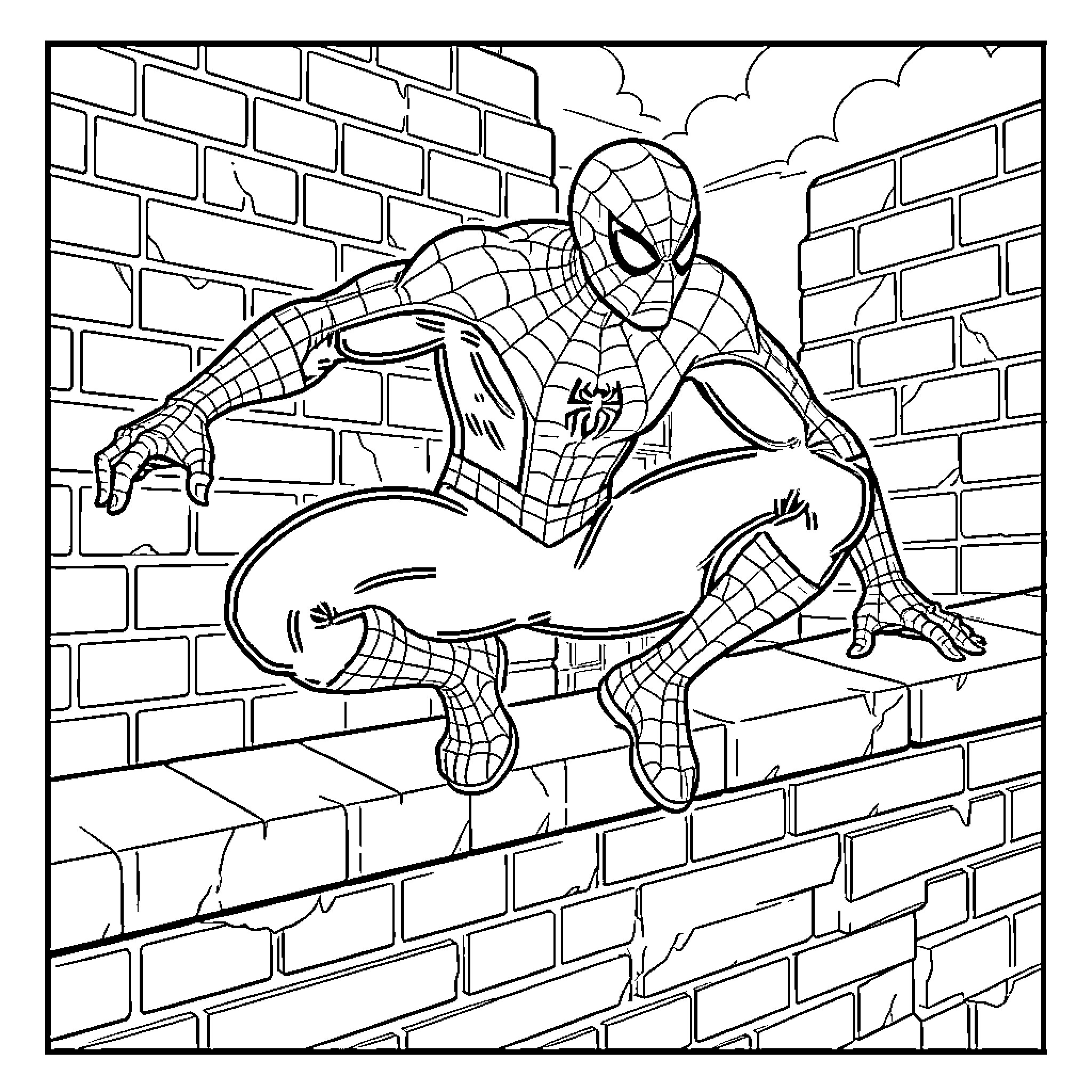 Spiderman Scaling Brick Wall with Webbing Coloring Page (free black-and-white line drawing printable PDF for all, from beginners to advanced learners, including children, teens, adults, and seniors)
