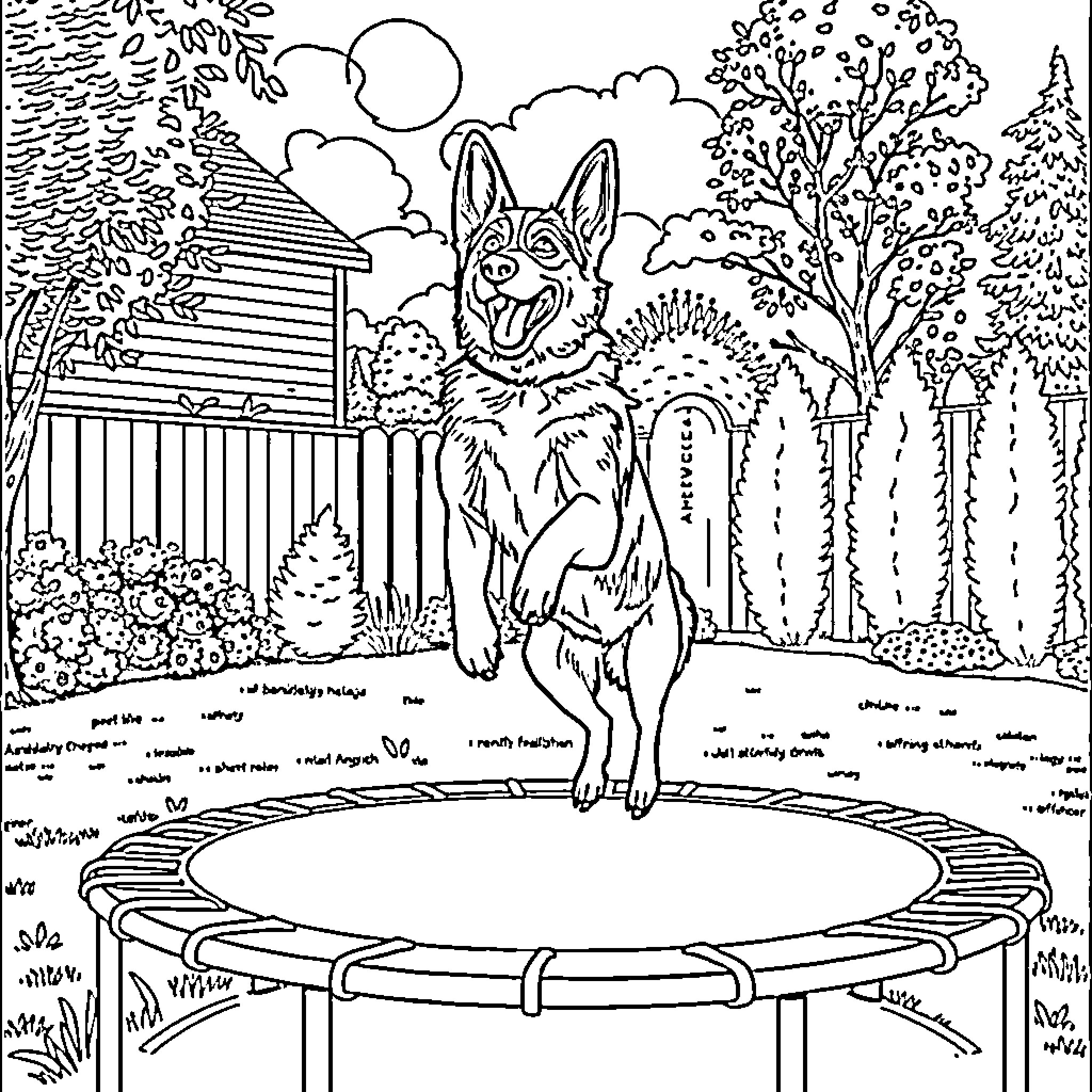 German Shepherd playing on a backyard trampoline Coloring Page (free black-and-white line drawing printable PDF for all, from beginners to advanced learners, including children, teens, adults, and seniors)