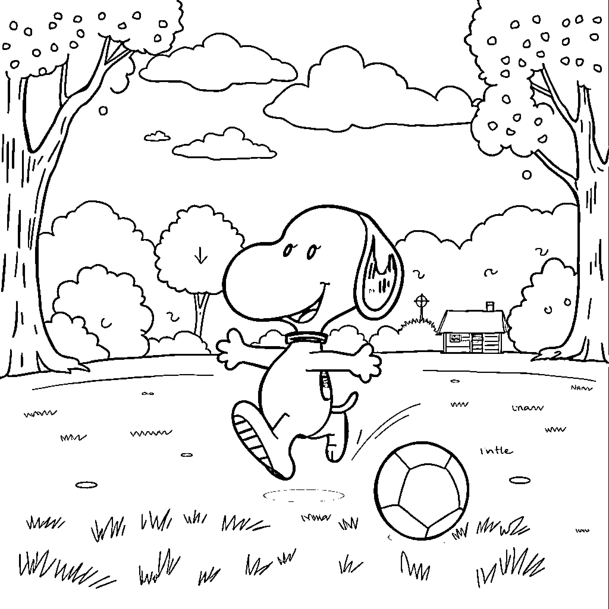 Snoopy Joyfully Playing with a Ball in a Scenic Outdoor Setting Coloring Page (free black-and-white line drawing printable PDF for all, from beginners to advanced learners, including children, teens, adults, and seniors)