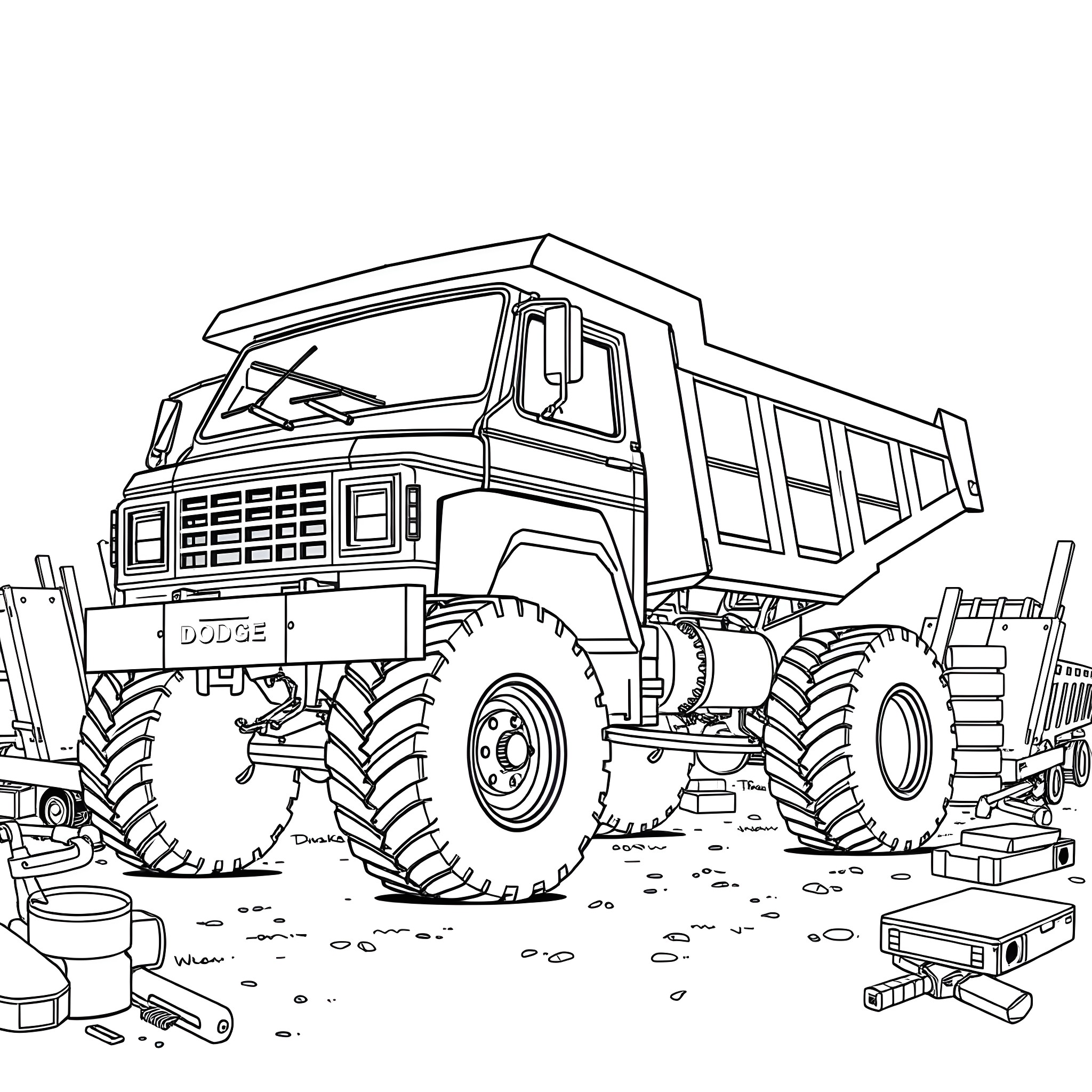 Dodge Dually Dump Truck on Construction Site Coloring Page (free black-and-white line drawing printable PDF for all, from beginners to advanced learners, including children, teens, adults, and seniors)