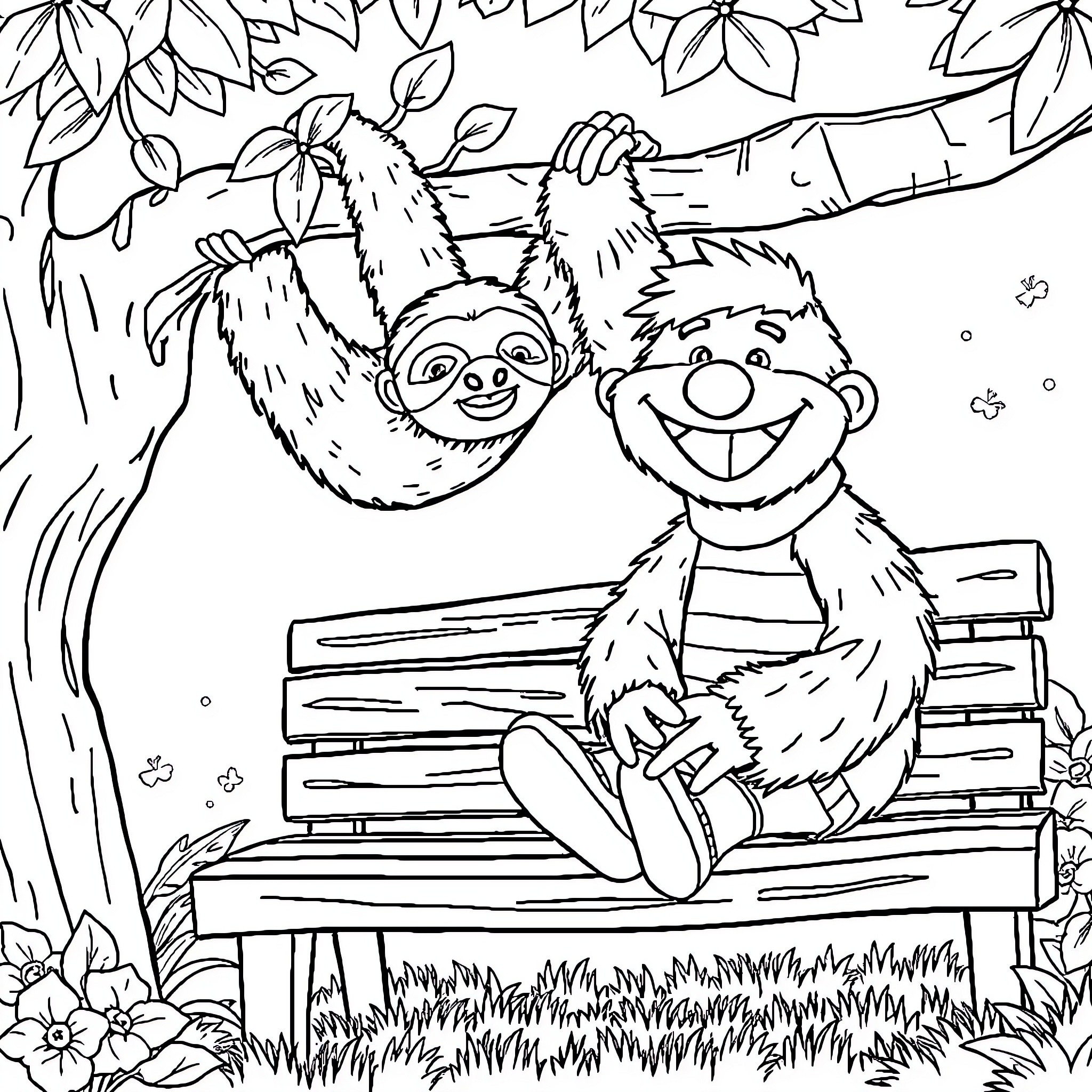 Sloth relaxing with a friend on a park bench Coloring Page (free black-and-white line drawing printable PDF for all, from beginners to advanced learners, including children, teens, adults, and seniors)