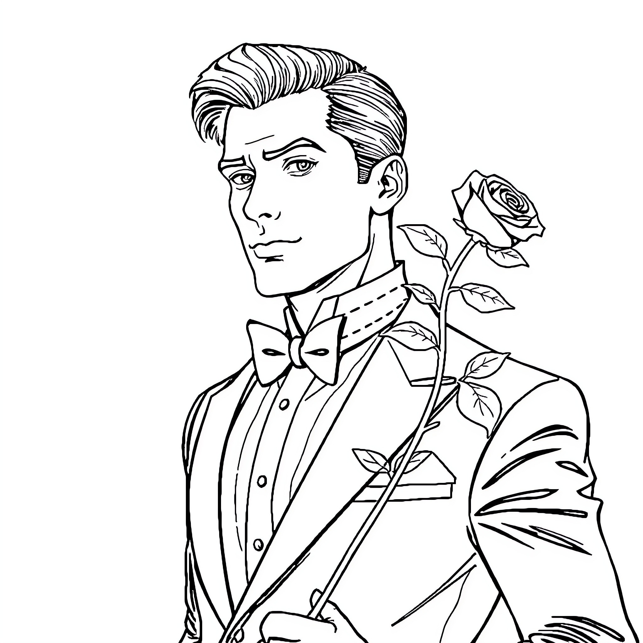 Man holding a rose with a formal outfit Coloring Page (free black-and-white line drawing printable PDF for all, from beginners to advanced learners, including children, teens, adults, and seniors)