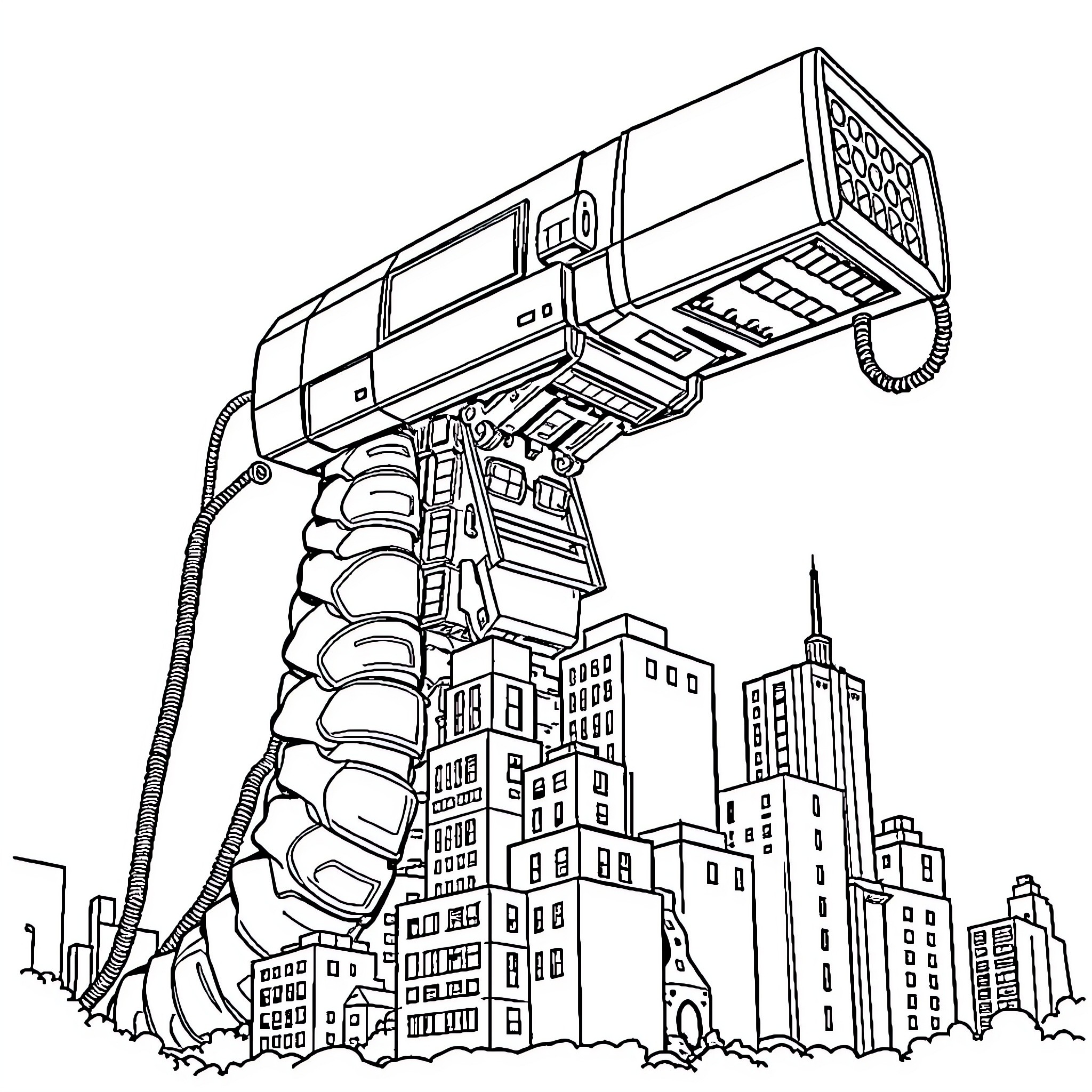 Monster-like mechanical device towers over city buildings Coloring Page (free black-and-white line drawing printable PDF for all, from beginners to advanced learners, including children, teens, adults, and seniors)