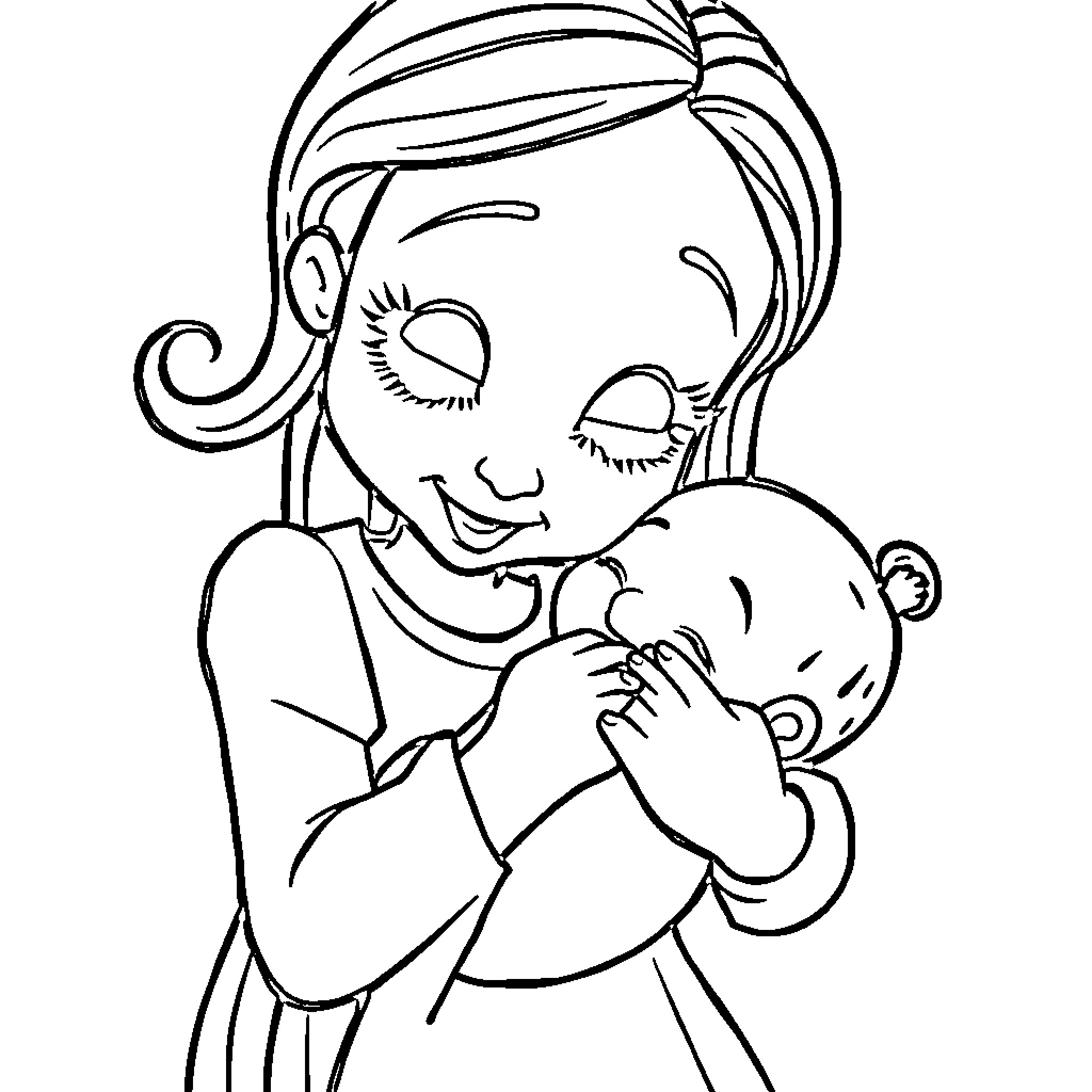 Sally caring for her newborn baby Coloring Page (free black-and-white line drawing printable PDF for all, from beginners to advanced learners, including children, teens, adults, and seniors)
