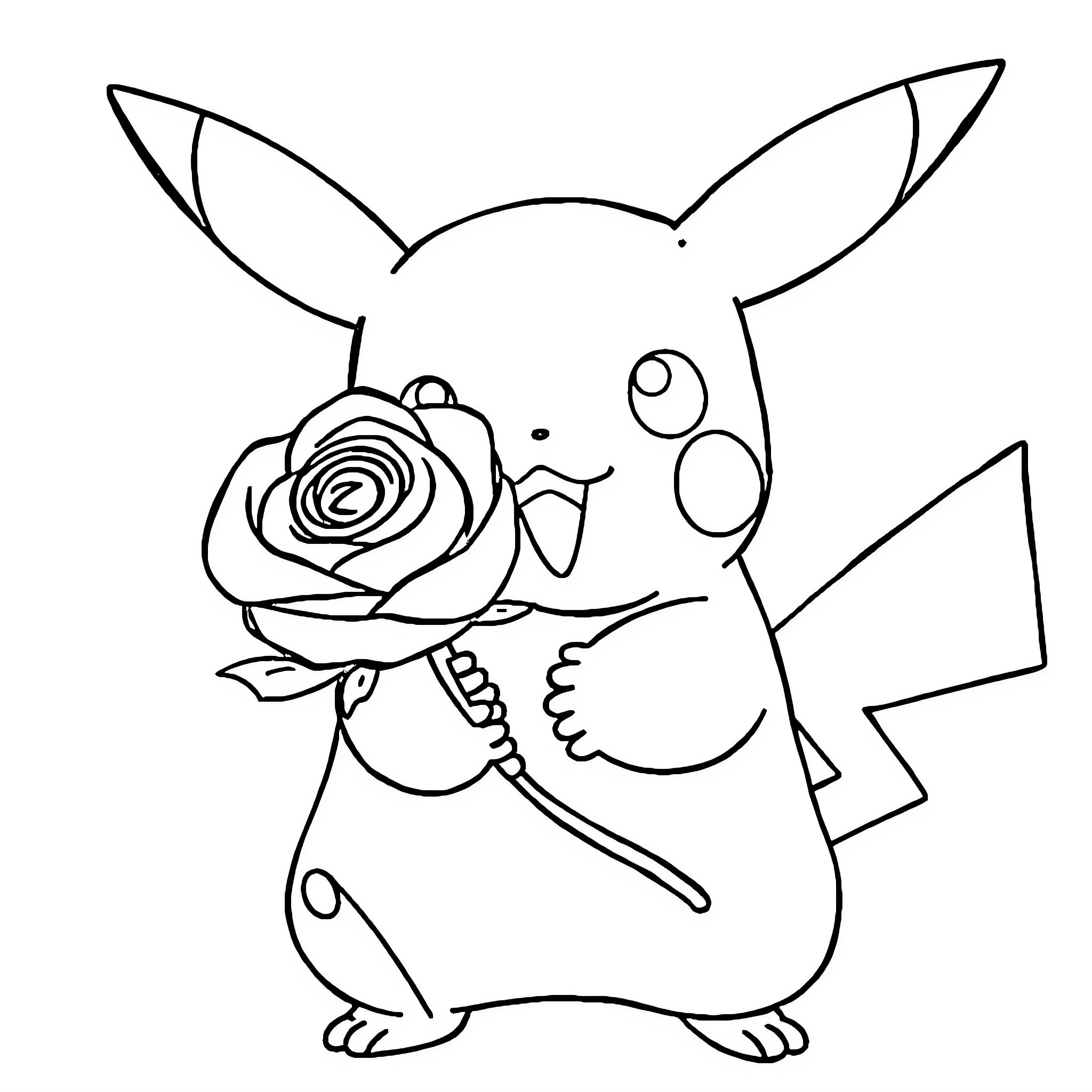 Pikachu holding a rose with a cheerful expression Coloring Page (free black-and-white line drawing printable PDF for all, from beginners to advanced learners, including children, teens, adults, and seniors)