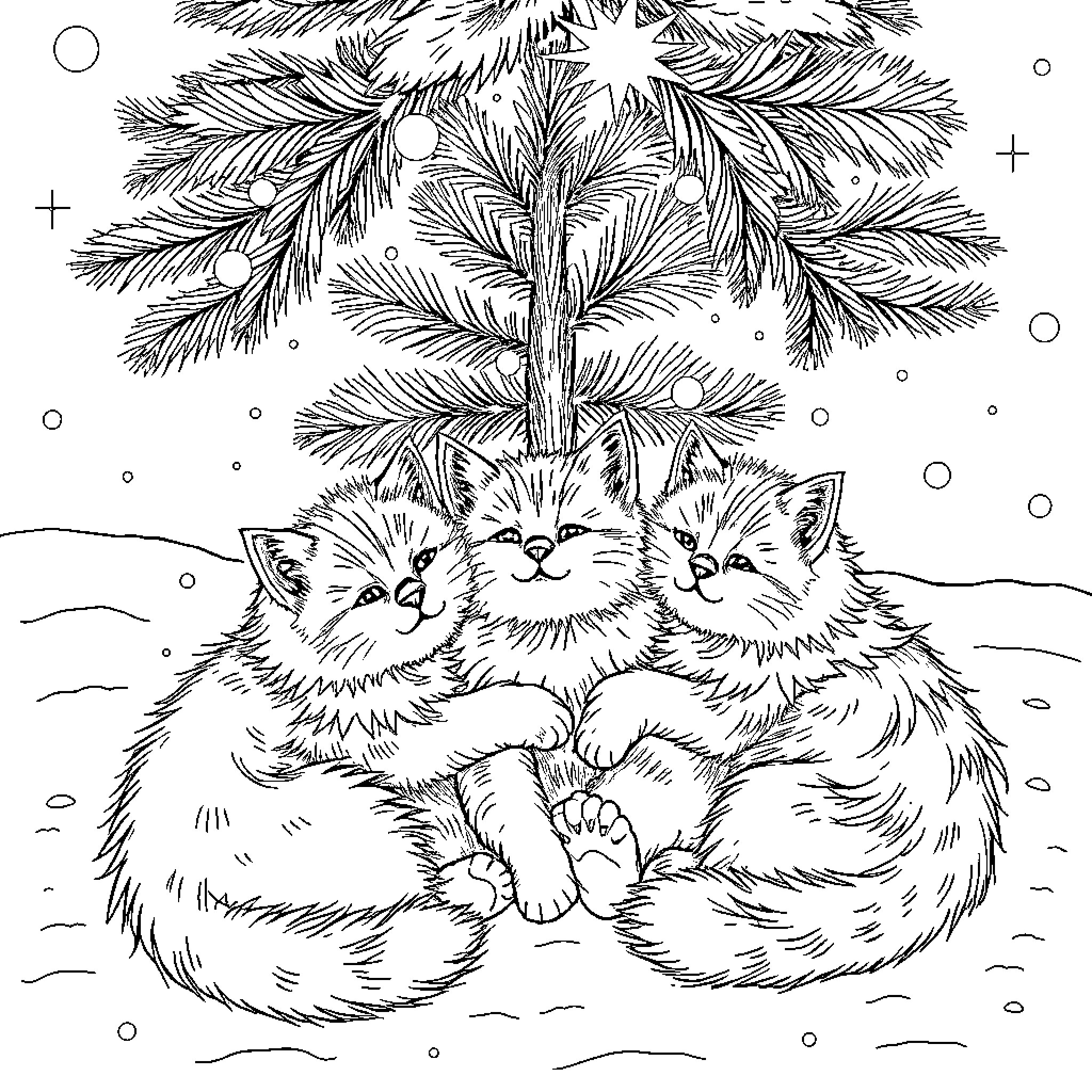 Cats cuddling under a pine tree Coloring Page (free black-and-white line drawing printable PDF for all, from beginners to advanced learners, including children, teens, adults, and seniors)