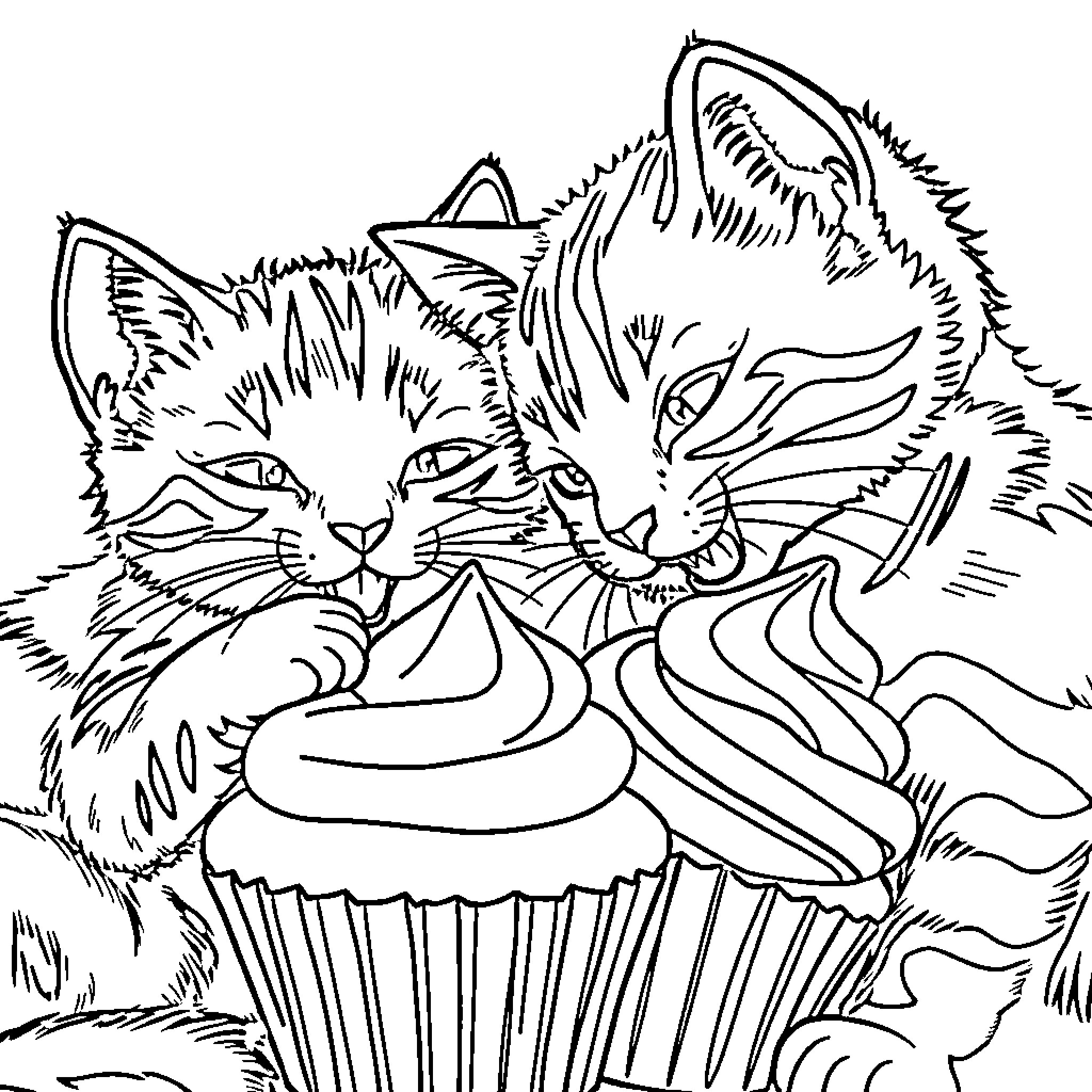Cat Enjoying a Delightful Cupcake Coloring Page (free black-and-white line drawing printable PDF for all, from beginners to advanced learners, including children, teens, adults, and seniors)