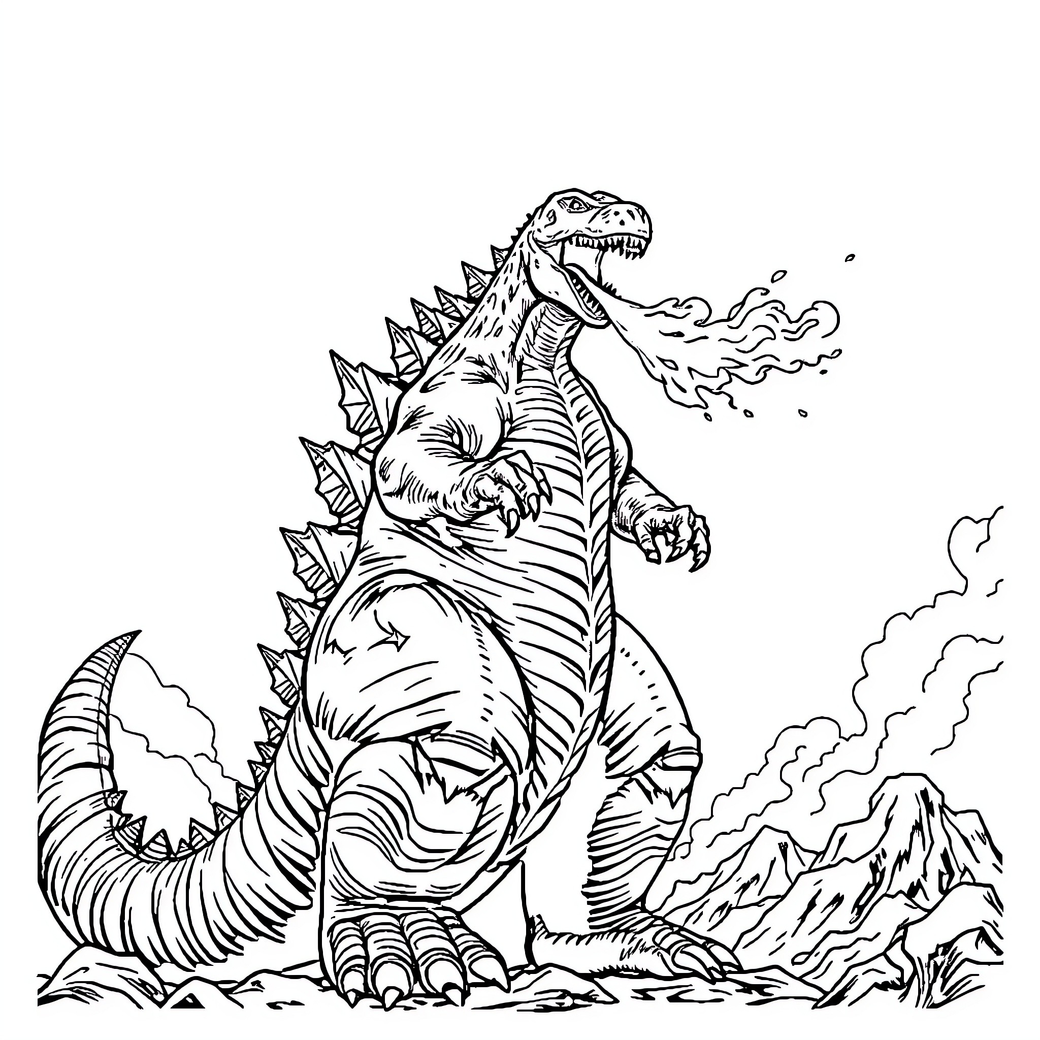 Godzilla Unleashing Fiery Breath in Rugged Landscape Coloring Page (free black-and-white line drawing printable PDF for all, from beginners to advanced learners, including children, teens, adults, and seniors)