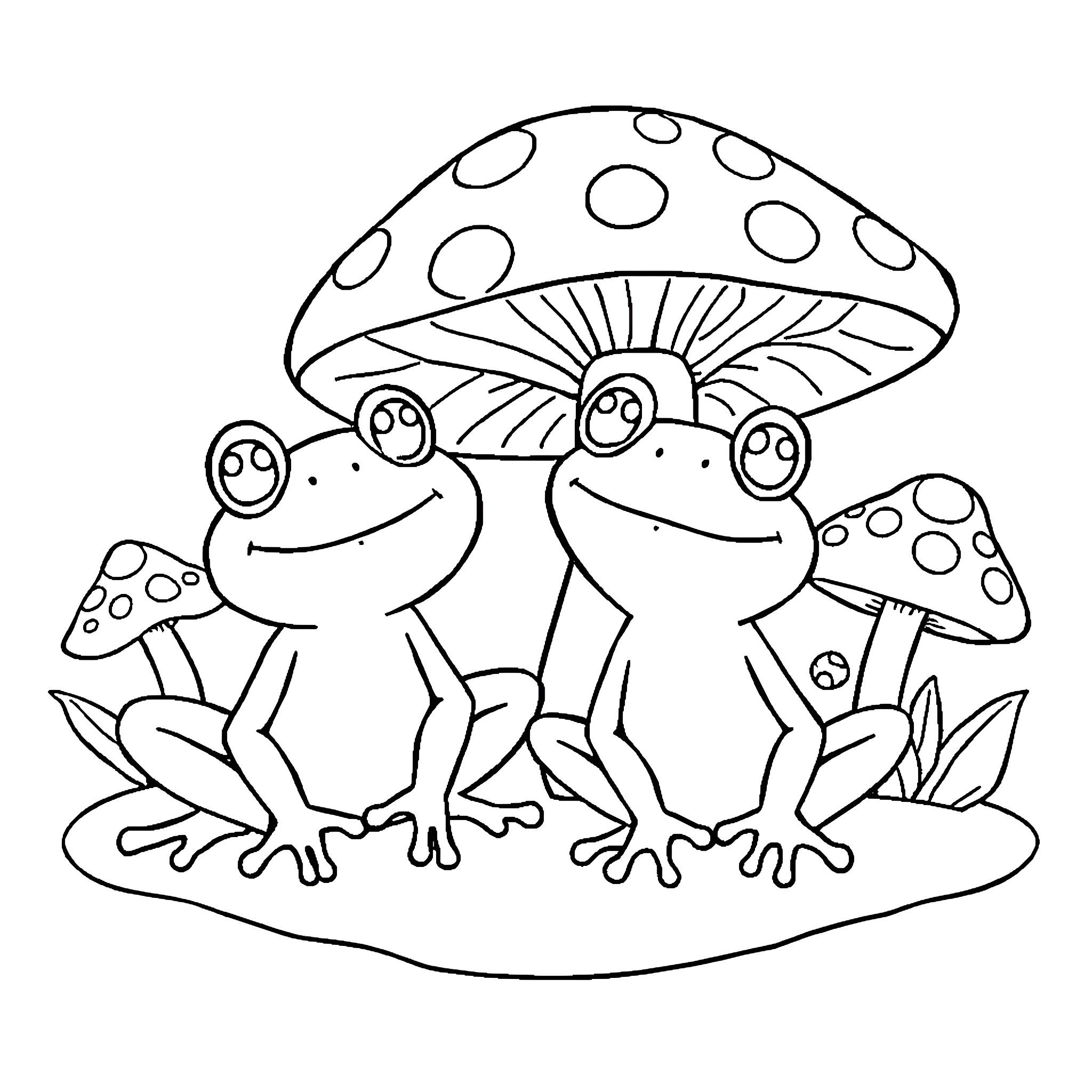 Frog friends enjoy mushroom gathering in the forest Coloring Page (free black-and-white line drawing printable PDF for all, from beginners to advanced learners, including children, teens, adults, and seniors)