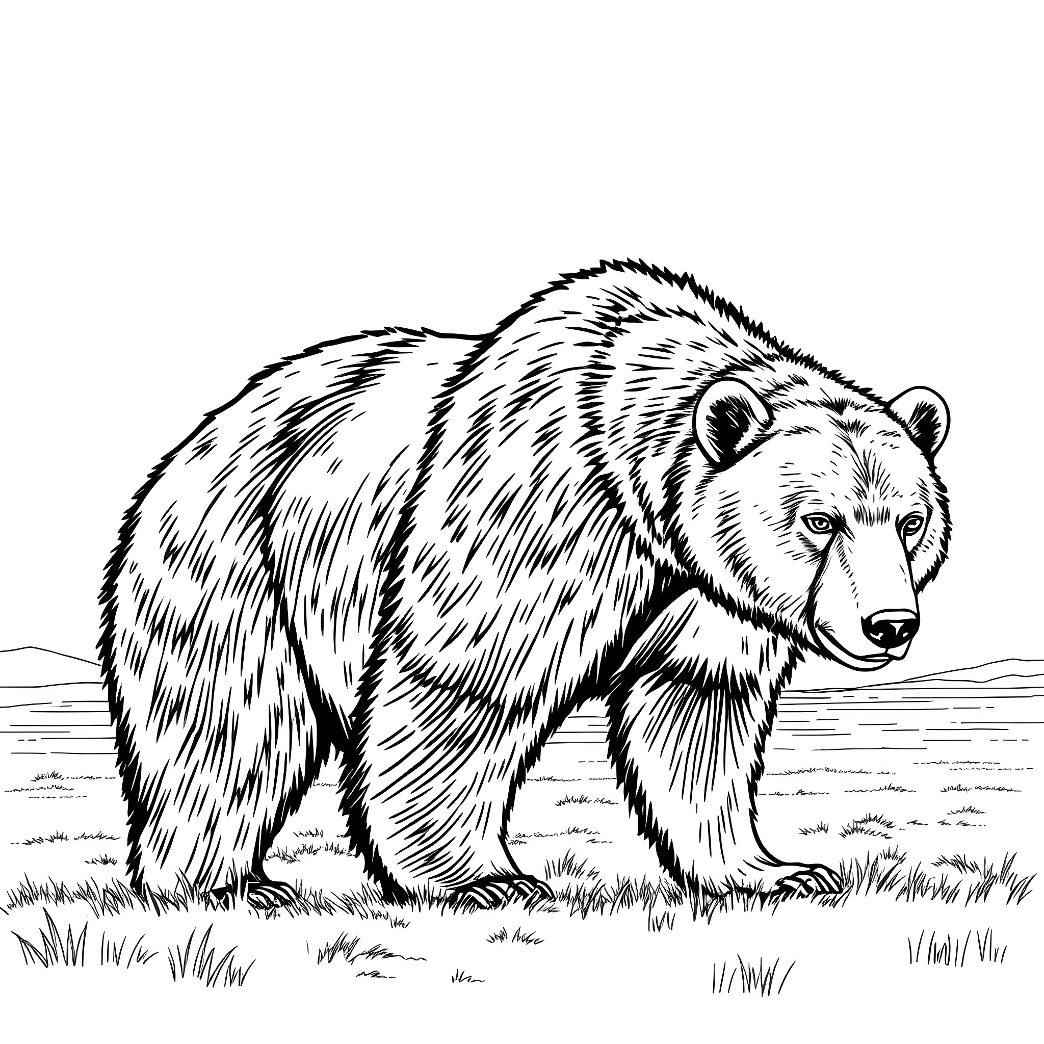 Bear standing in the wilderness Coloring Page (free black-and-white line drawing printable PDF for all, from beginners to advanced learners, including children, teens, adults, and seniors)