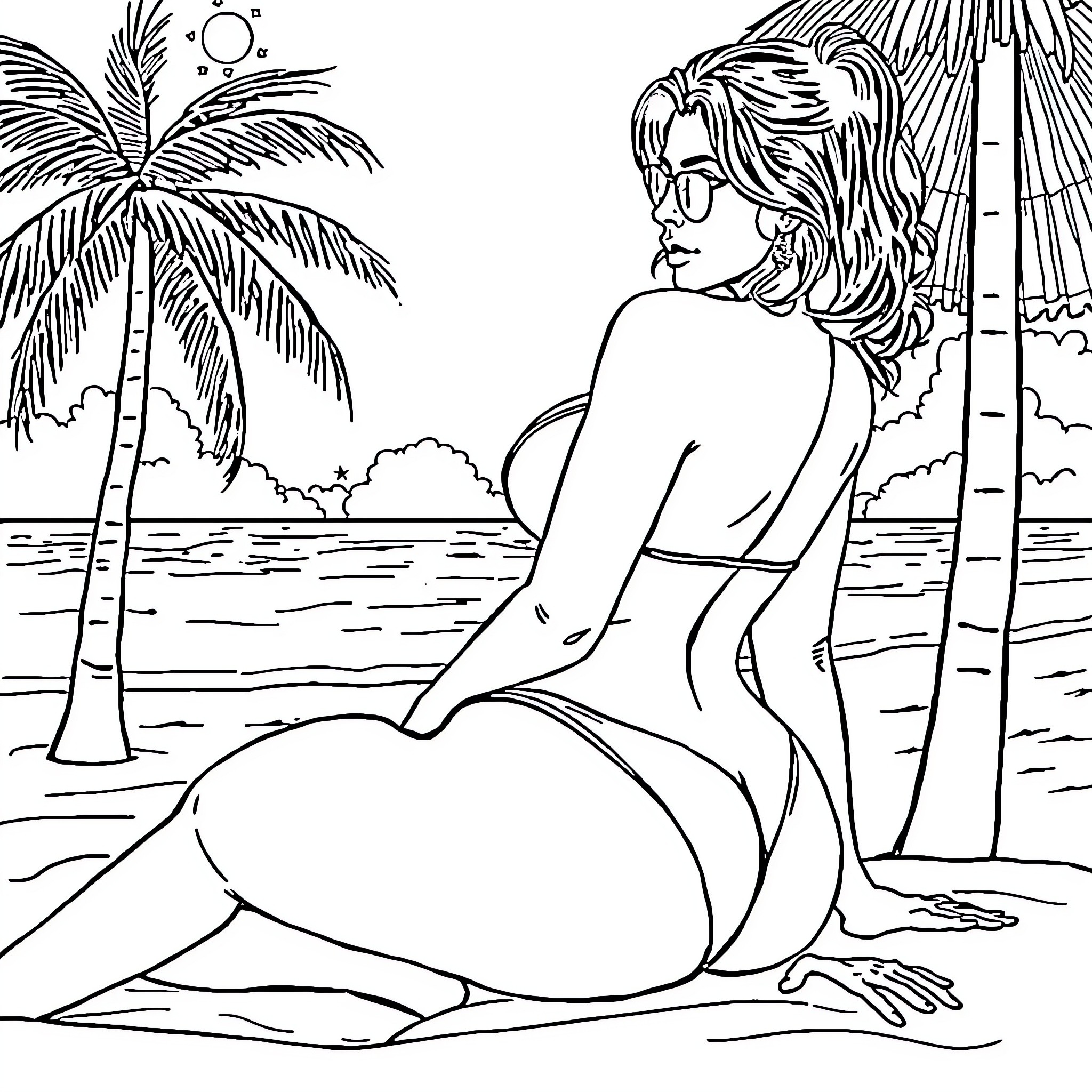 Kim Kardashian relaxing on the beach Coloring Page (free black-and-white line drawing printable PDF for all, from beginners to advanced learners, including children, teens, adults, and seniors)