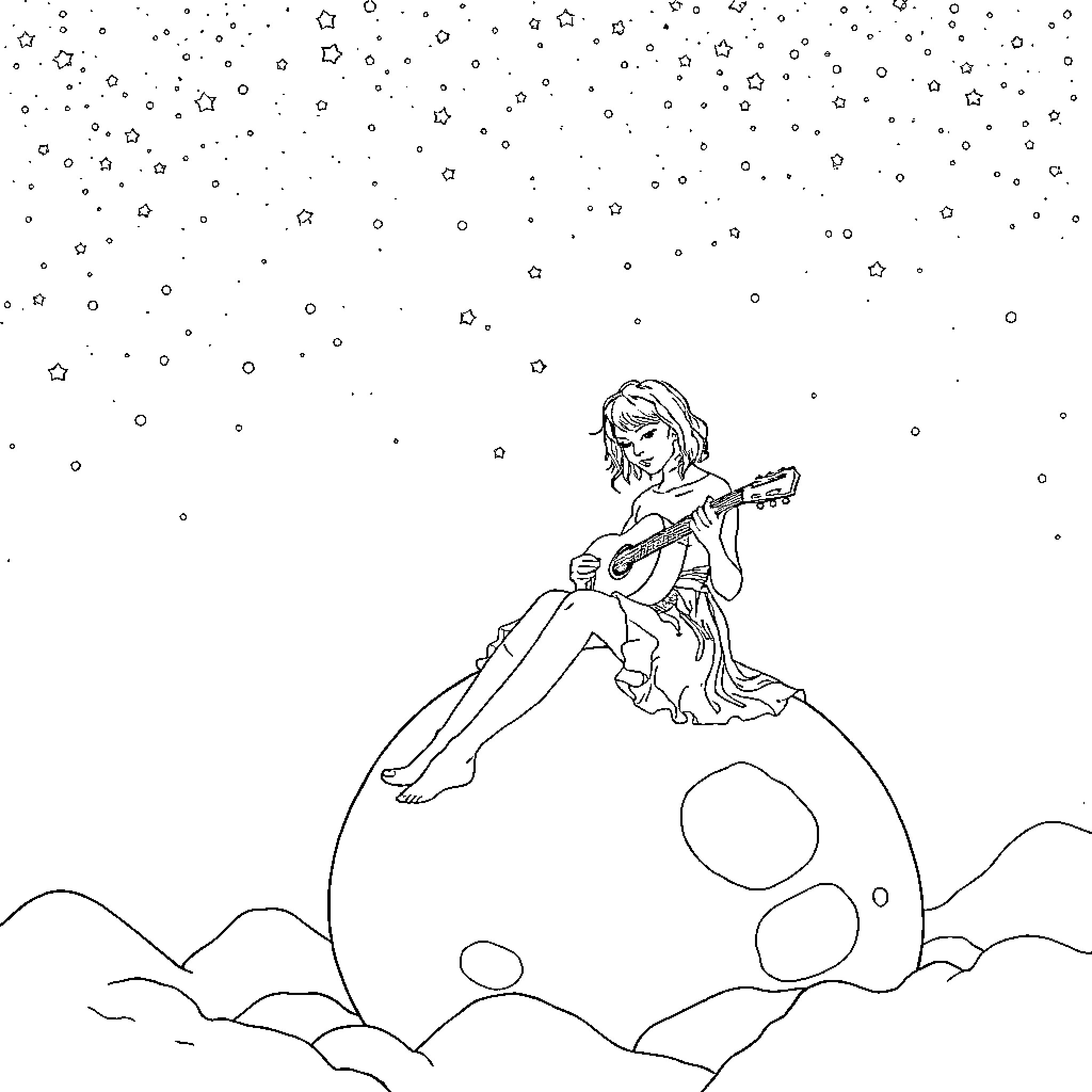 Taylor Swift Playing Guitar Under the Stars Coloring Page (free black-and-white line drawing printable PDF for all, from beginners to advanced learners, including children, teens, adults, and seniors)