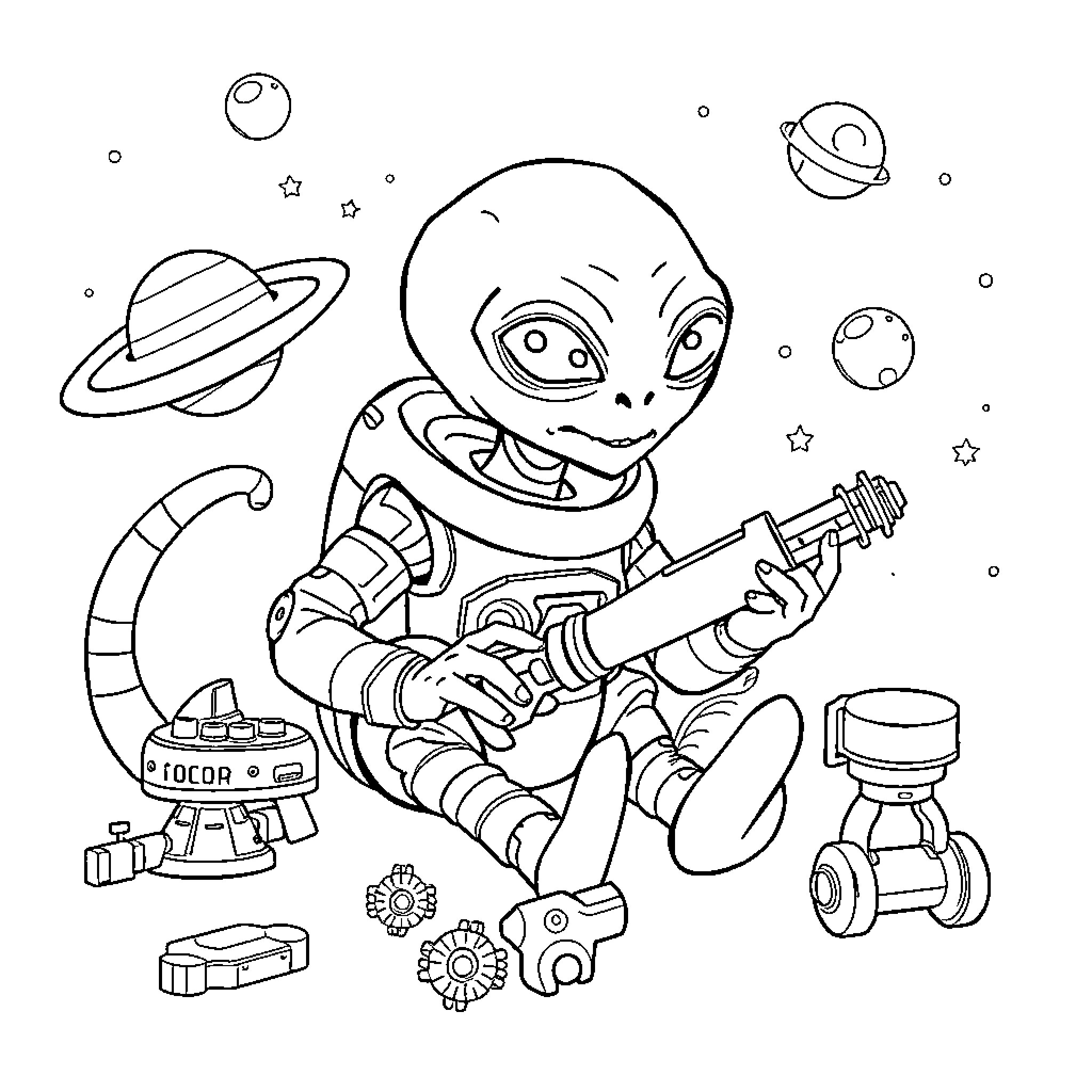 Alien playing happily with space toys Coloring Page (free black-and-white line drawing printable PDF for all, from beginners to advanced learners, including children, teens, adults, and seniors)