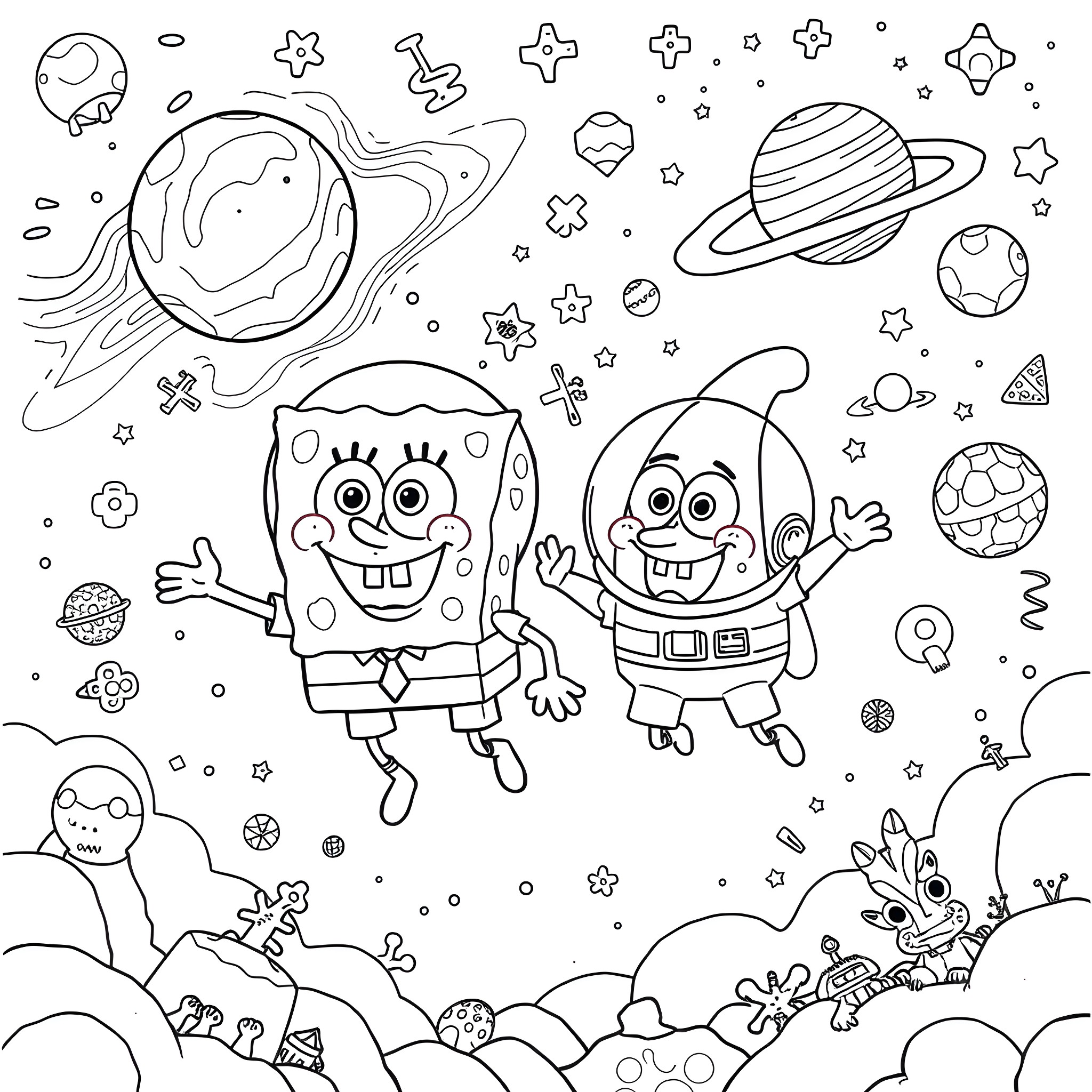 Spongebob and Patrick exploring the cosmic universe Coloring Page (free black-and-white line drawing printable PDF for all, from beginners to advanced learners, including children, teens, adults, and seniors)